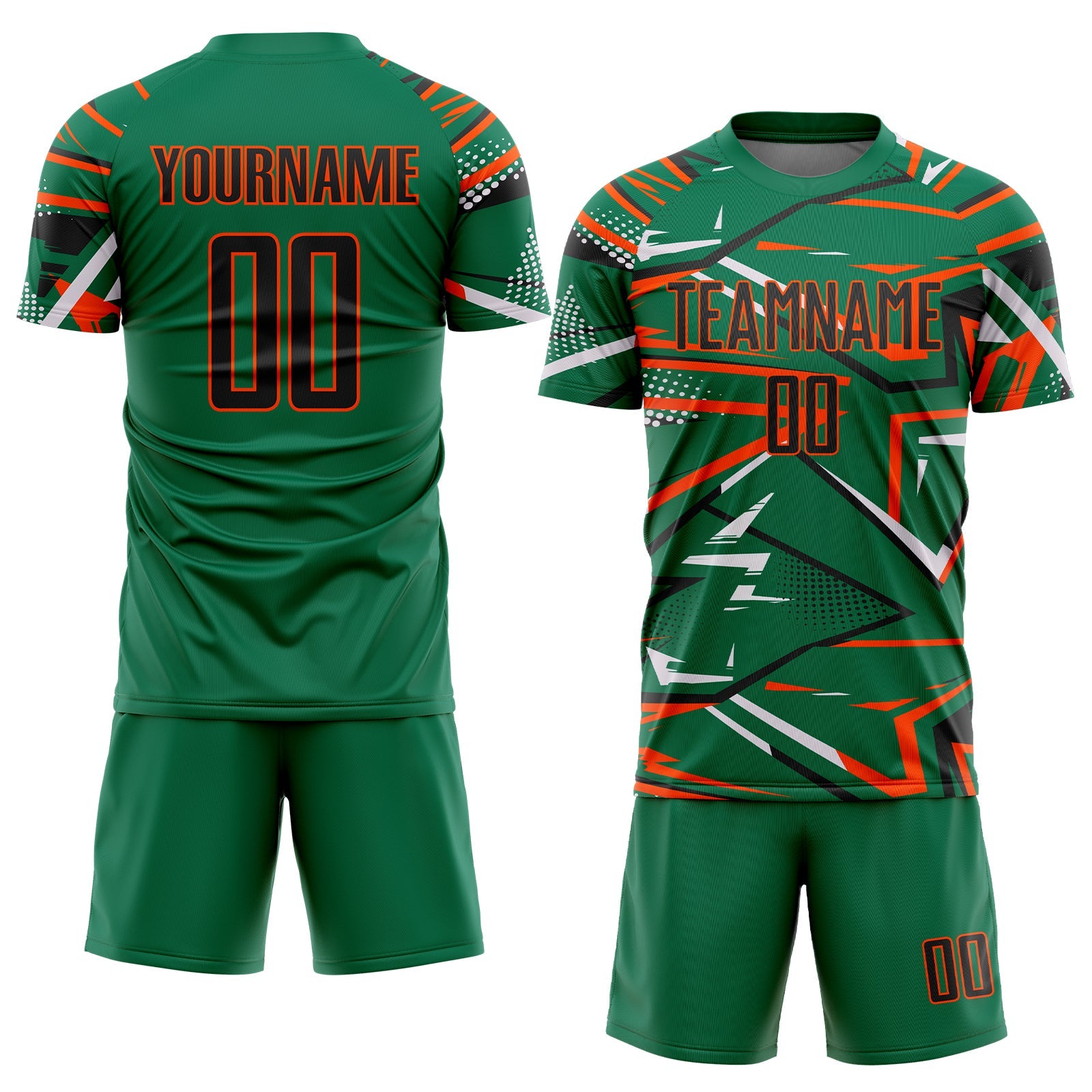Custom Kelly Green Black Orange-White Abstract Geometric Stripes Sports Sublimation Soccer Uniform Jersey view 2