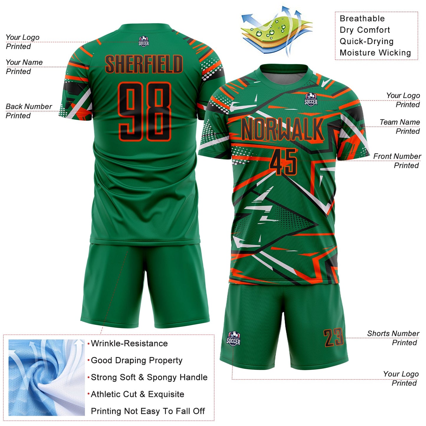 Custom Kelly Green Black Orange-White Abstract Geometric Stripes Sports Sublimation Soccer Uniform Jersey view 4
