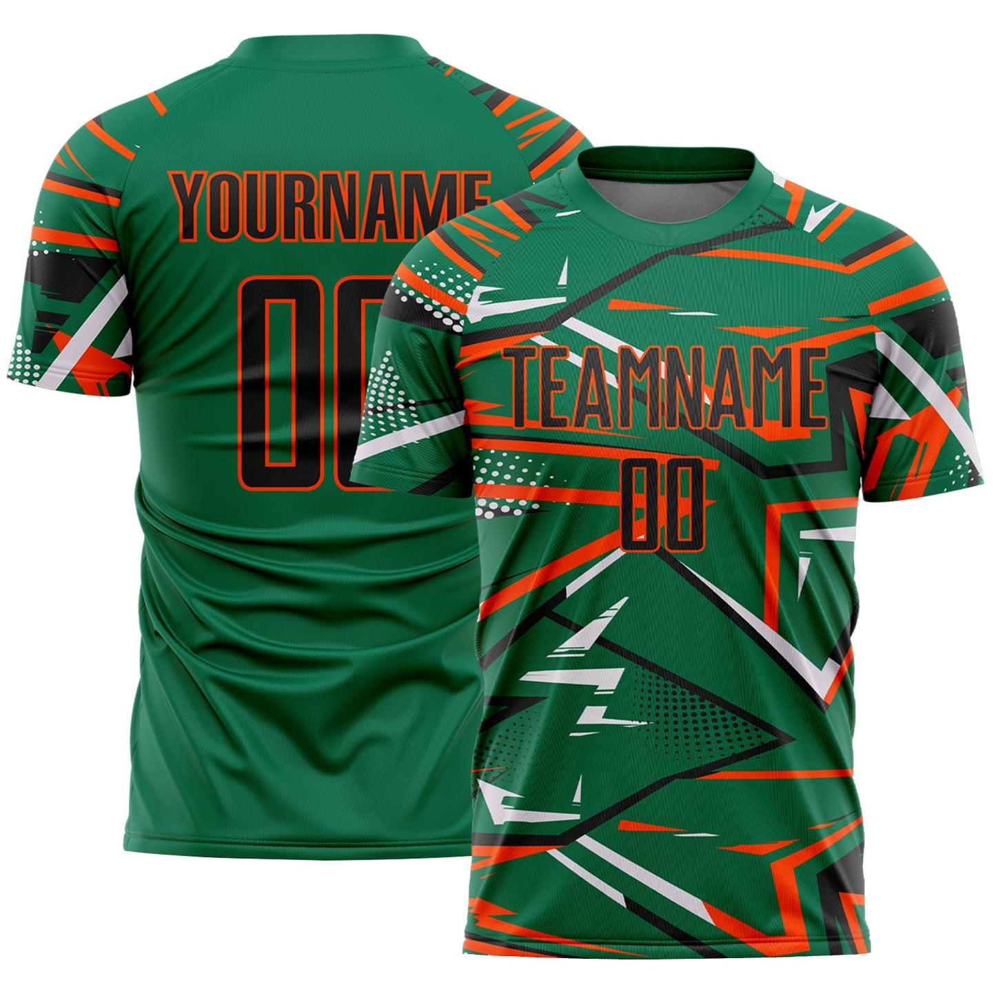 Custom Kelly Green Black Orange-White Abstract Geometric Stripes Sports Sublimation Soccer Uniform Jersey - Main View