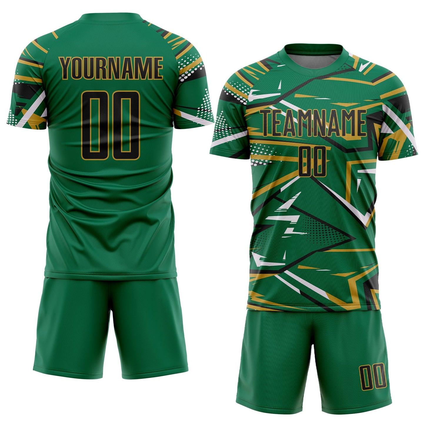 Custom Kelly Green Black Old Gold-White Abstract Geometric Stripes Sports Sublimation Soccer Uniform Jersey view 2
