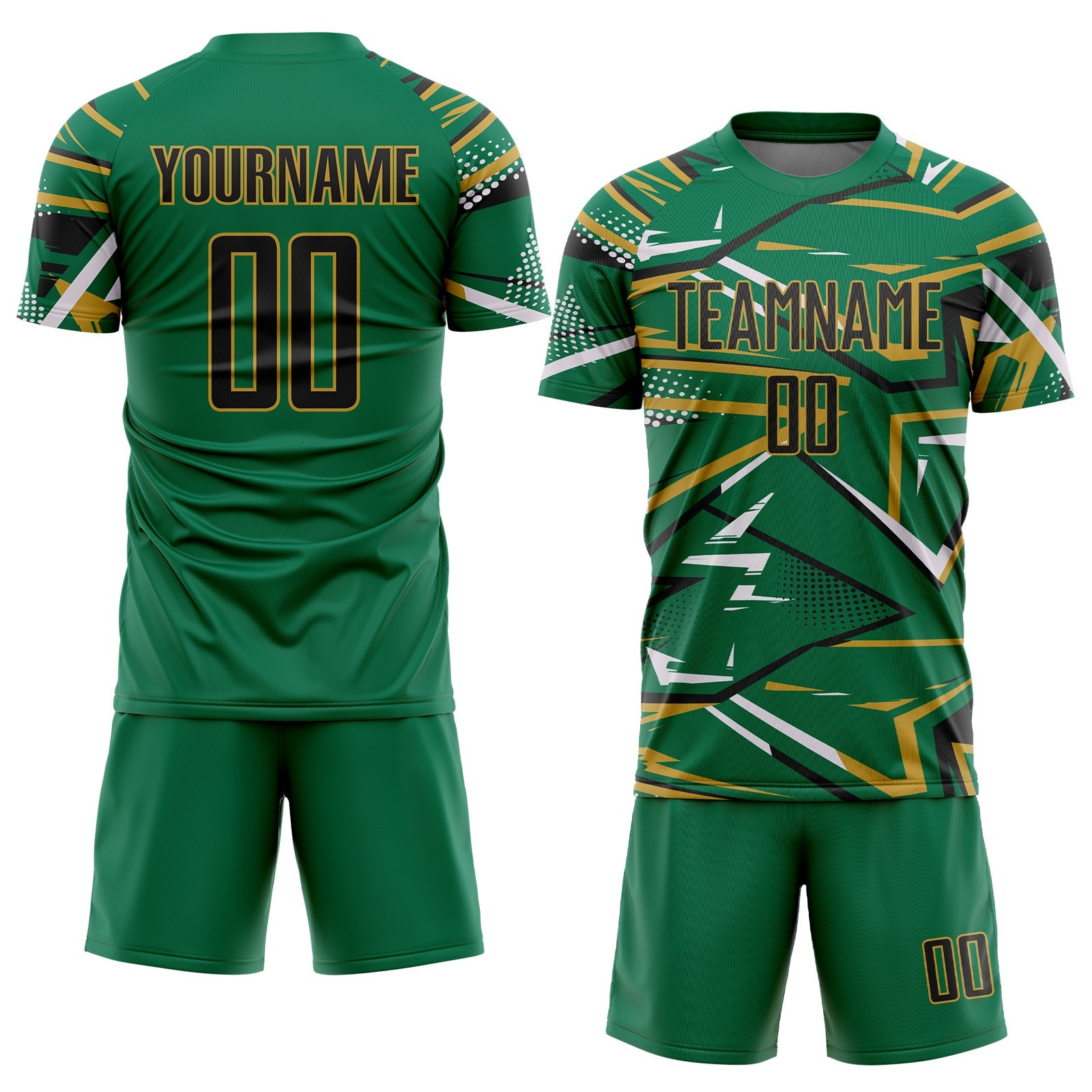 Custom Kelly Green Black Old Gold-White Abstract Geometric Stripes Sports Sublimation Soccer Uniform Jersey view 2