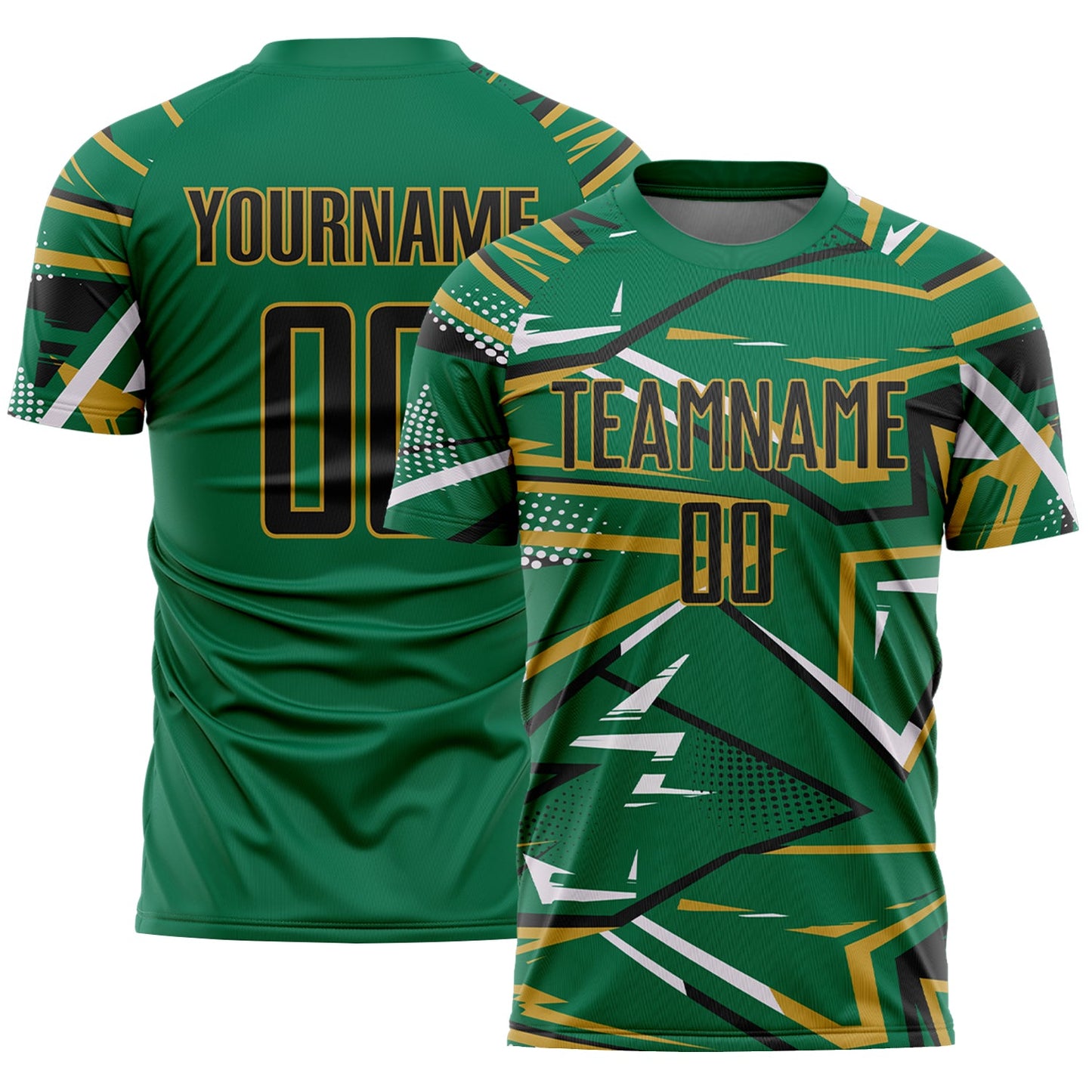 Custom Kelly Green Black Old Gold-White Abstract Geometric Stripes Sports Sublimation Soccer Uniform Jersey - Main View