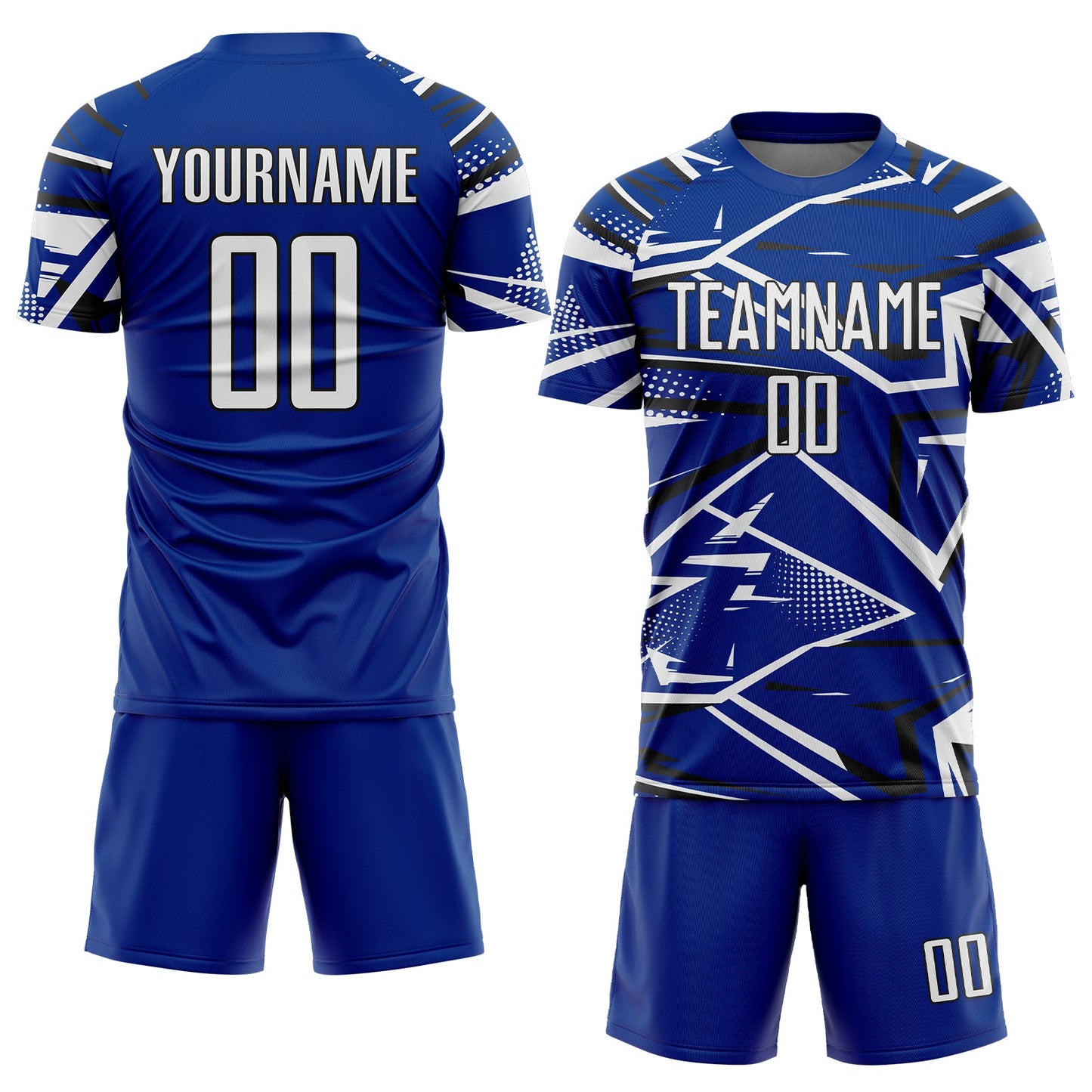 Custom Royal White-Black Abstract Geometric Stripes Sports Sublimation Soccer Uniform Jersey view 2