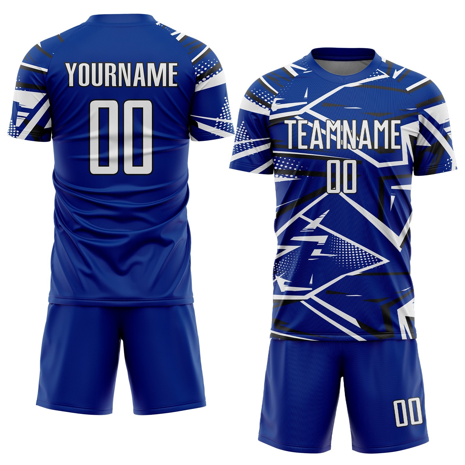 Custom Royal White-Black Abstract Geometric Stripes Sports Sublimation Soccer Uniform Jersey view 2