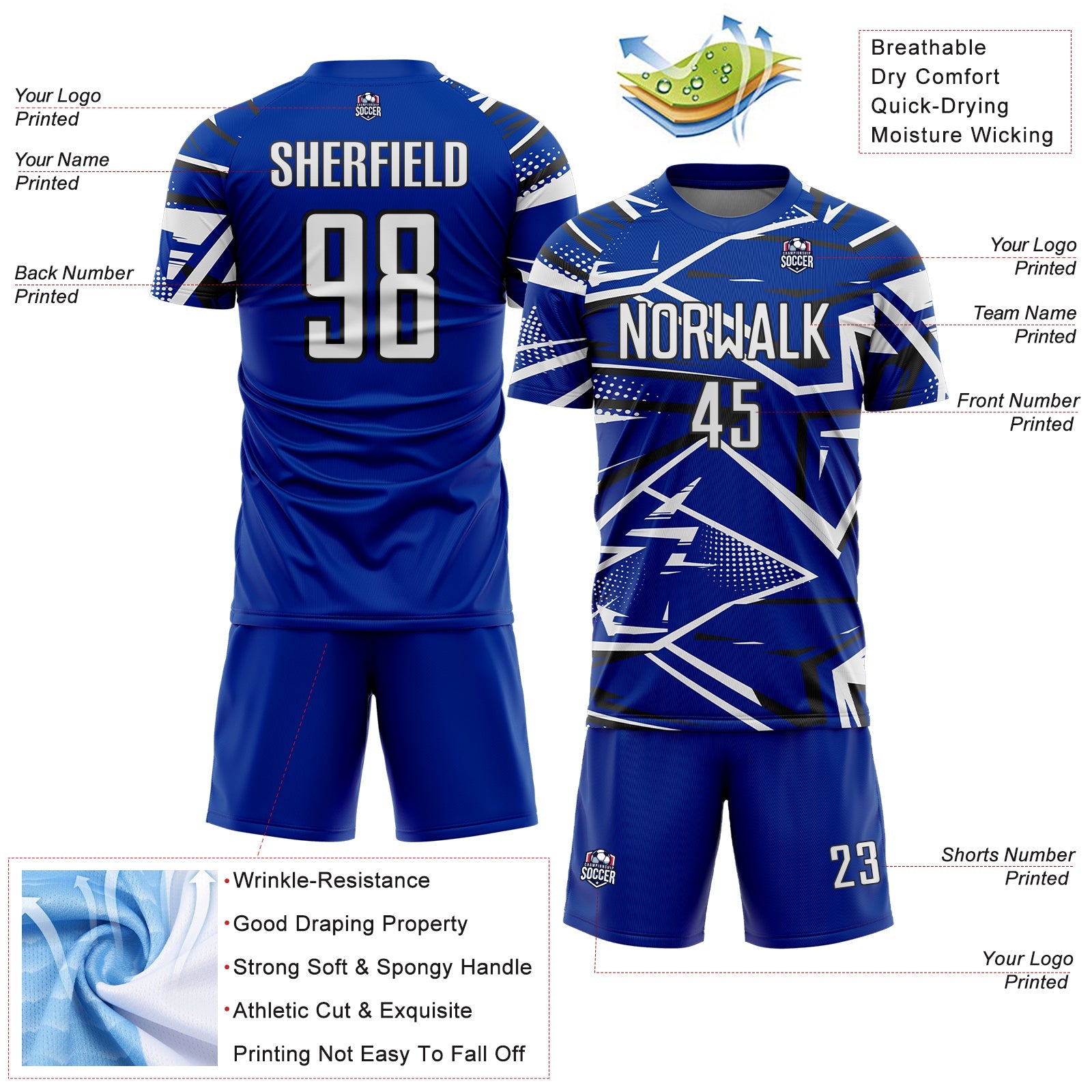 Custom Royal White-Black Abstract Geometric Stripes Sports Sublimation Soccer Uniform Jersey view 4