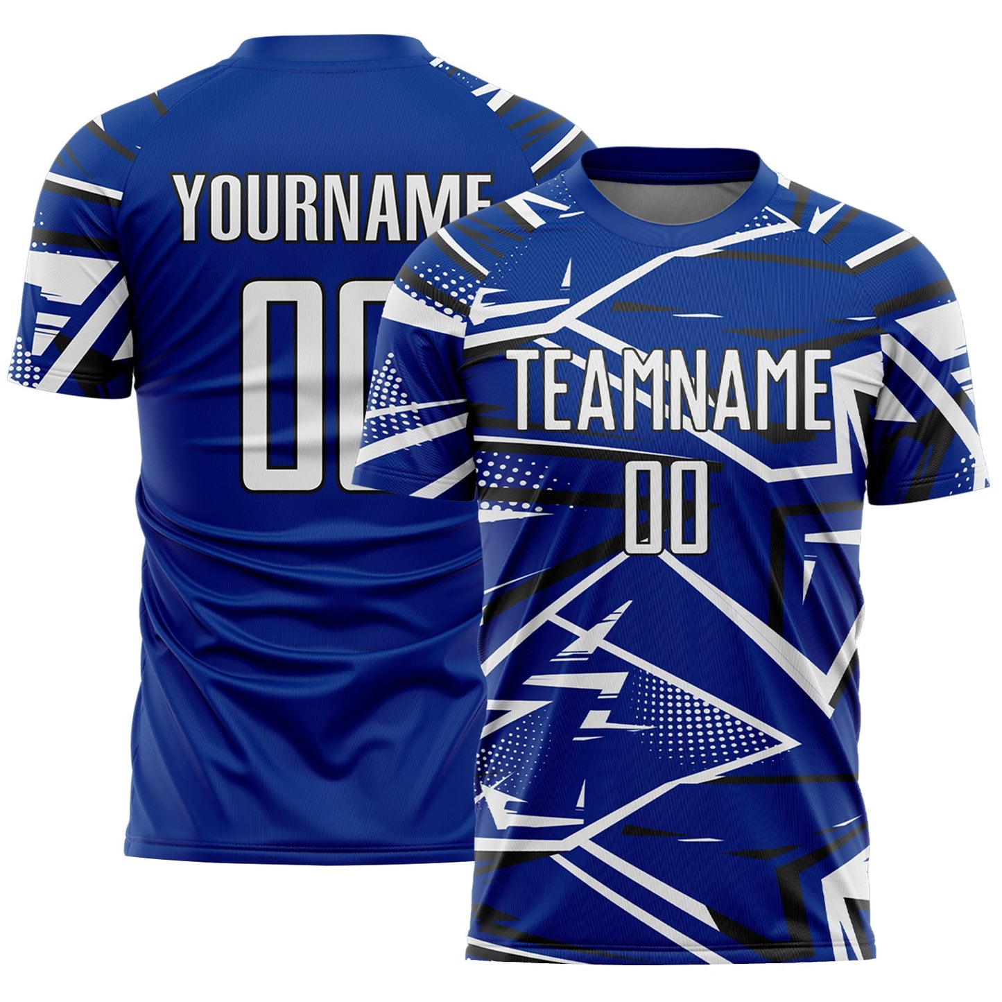 Custom Royal White-Black Abstract Geometric Stripes Sports Sublimation Soccer Uniform Jersey - Main View