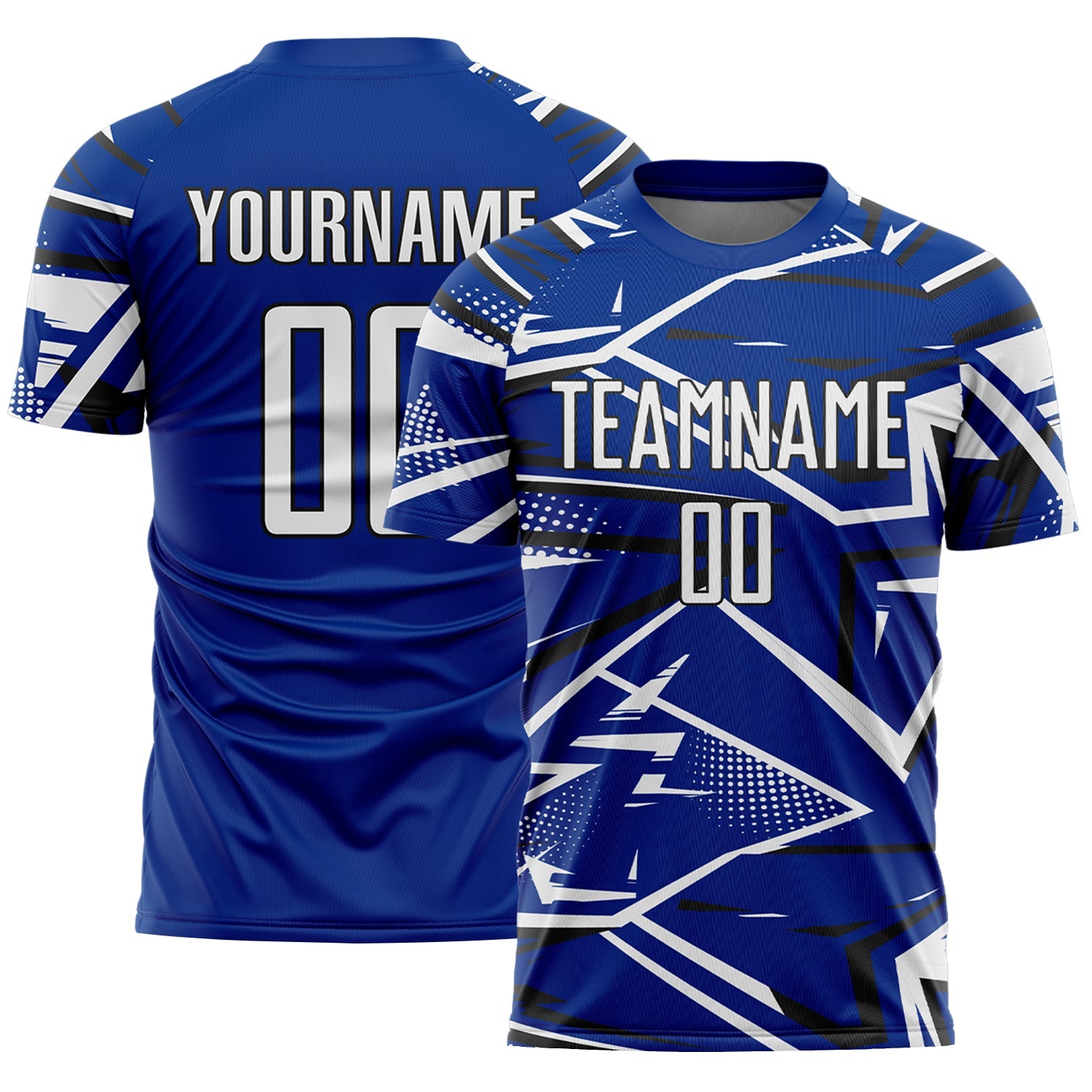Custom Royal White-Black Abstract Geometric Stripes Sports Sublimation Soccer Uniform Jersey - Main View
