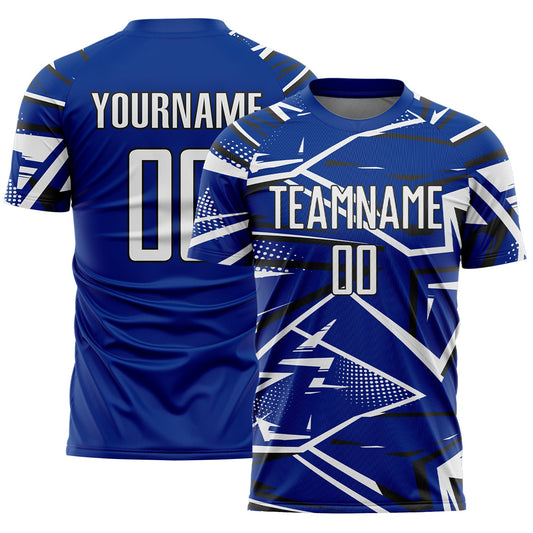 Custom Royal White-Black Abstract Geometric Stripes Sports Sublimation Soccer Uniform Jersey - Main View