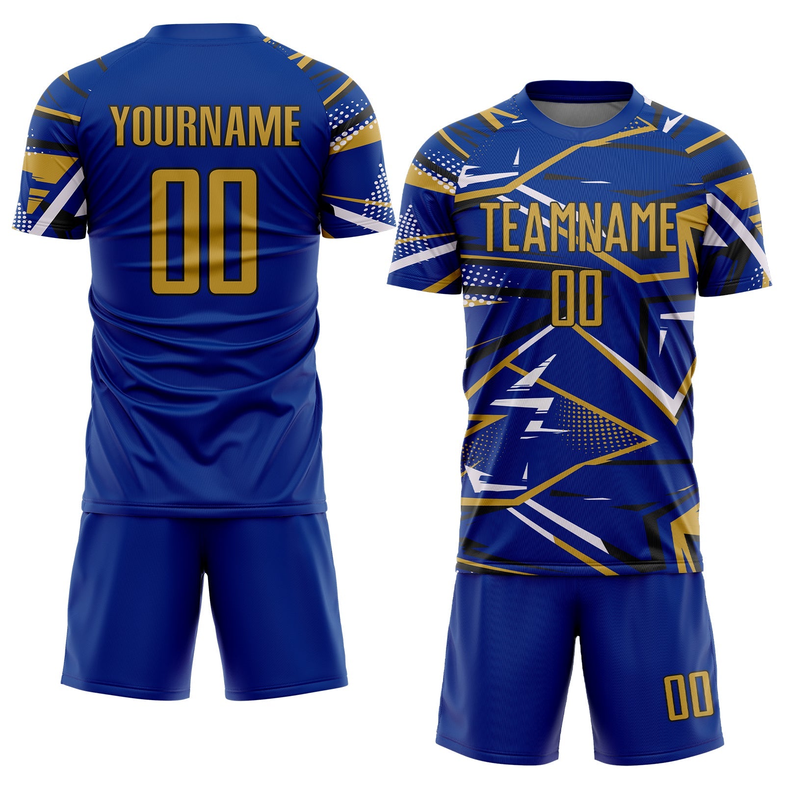 Custom Royal Old Gold Black-White Abstract Geometric Stripes Sports Sublimation Soccer Uniform Jersey view 2