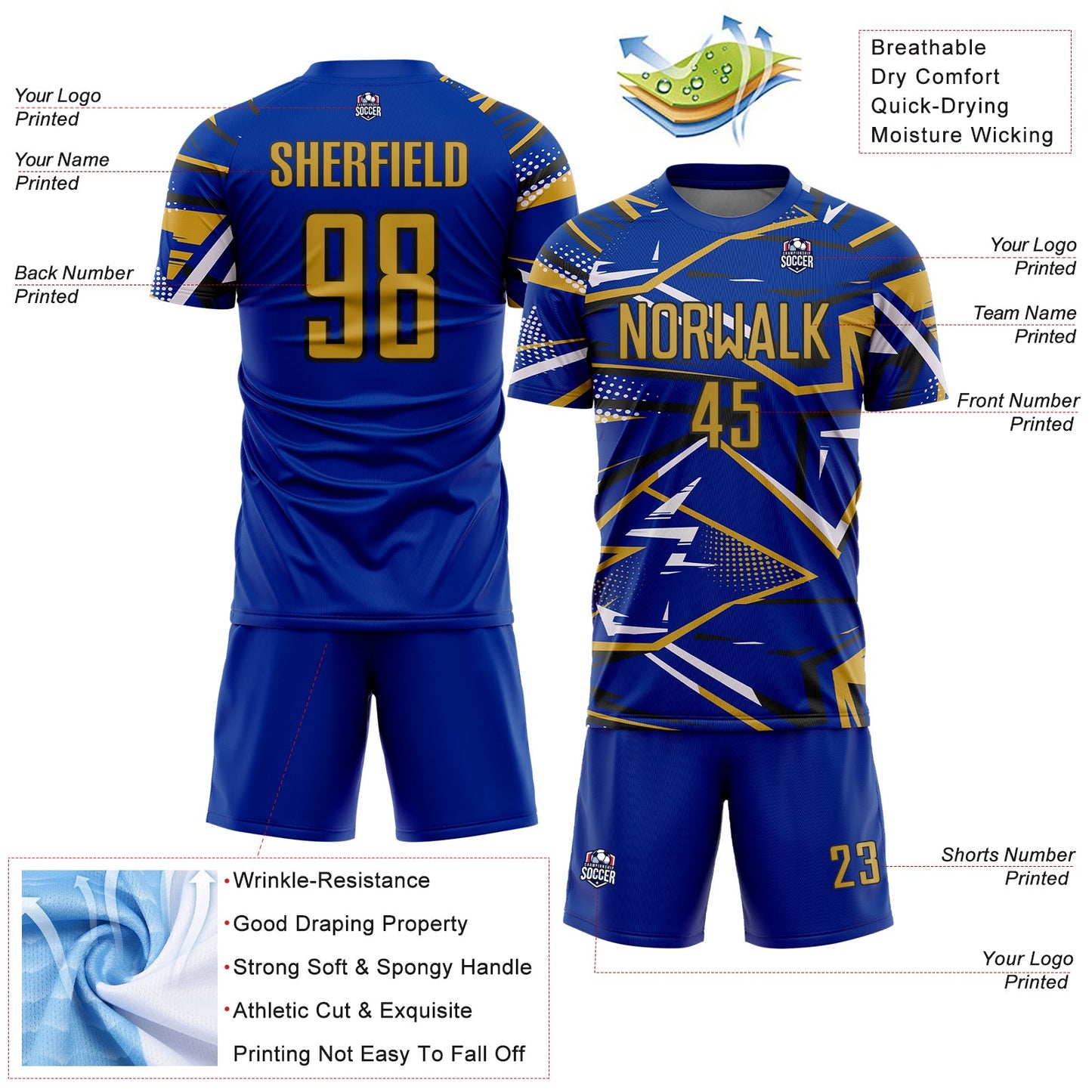 Custom Royal Old Gold Black-White Abstract Geometric Stripes Sports Sublimation Soccer Uniform Jersey view 4