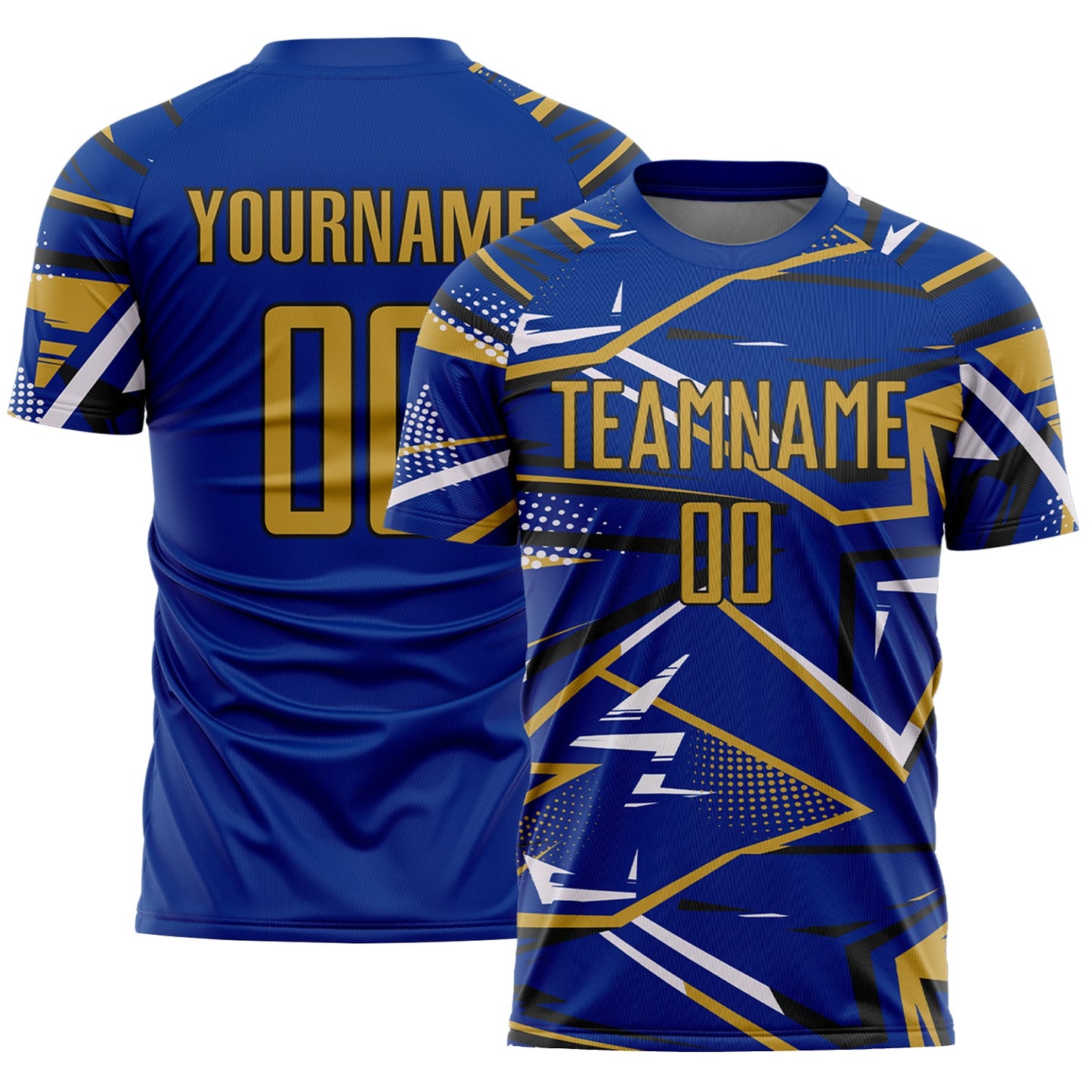 Custom Royal Old Gold Black-White Abstract Geometric Stripes Sports Sublimation Soccer Uniform Jersey - Main View