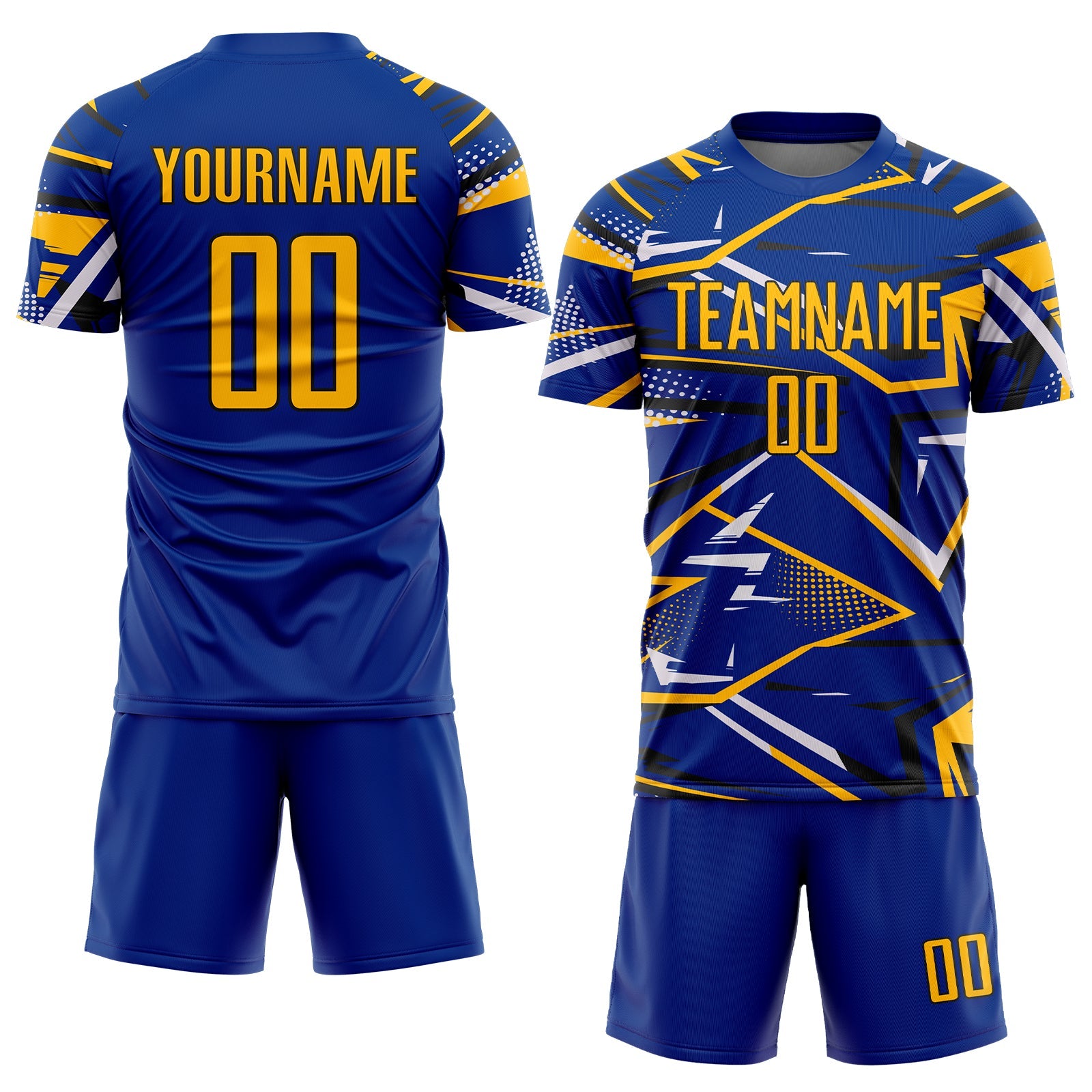 Custom Royal Gold Black-White Abstract Geometric Stripes Sports Sublimation Soccer Uniform Jersey view 2