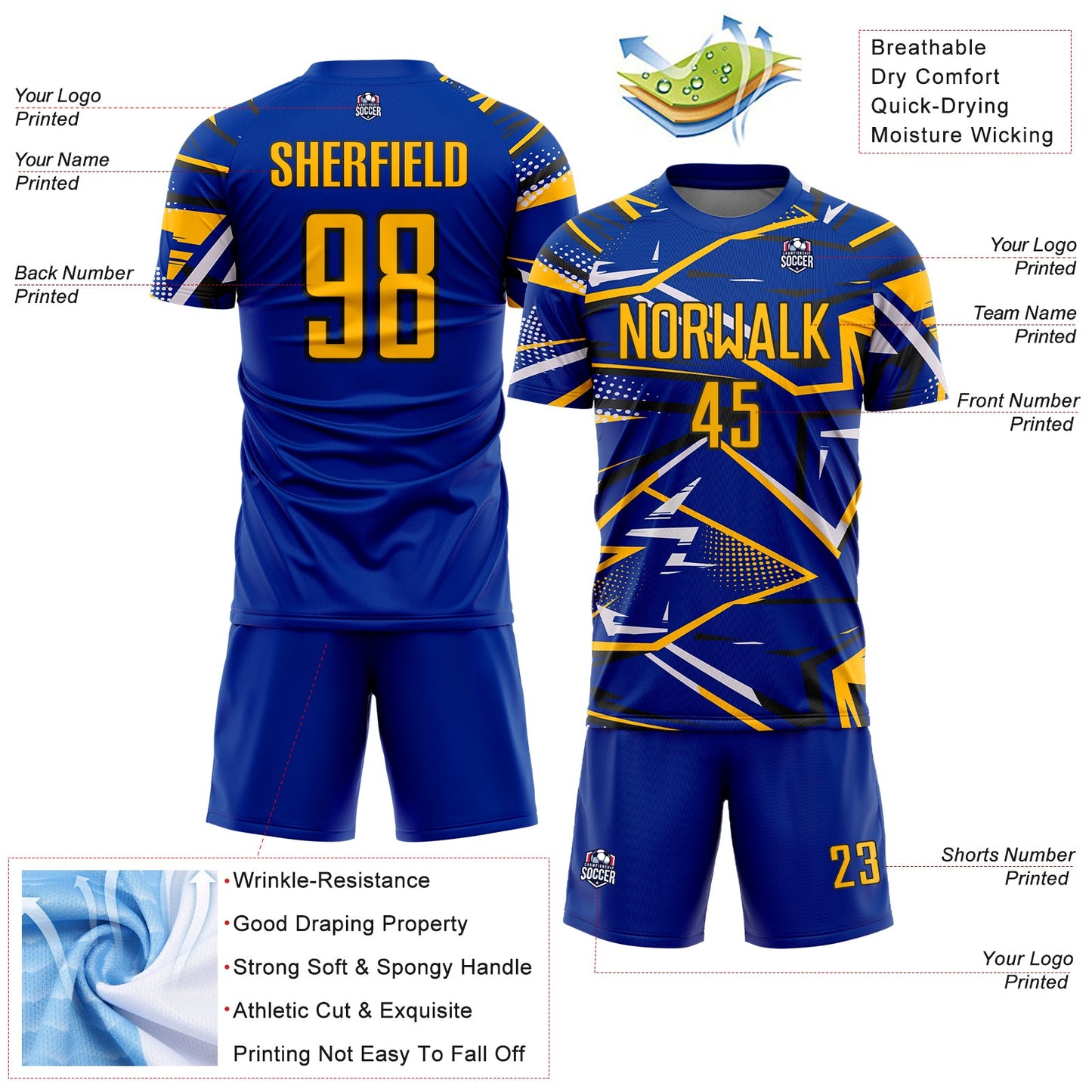 Custom Royal Gold Black-White Abstract Geometric Stripes Sports Sublimation Soccer Uniform Jersey view 4