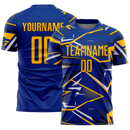 Custom Royal Gold Black-White Abstract Geometric Stripes Sports Sublimation Soccer Uniform Jersey - Main View