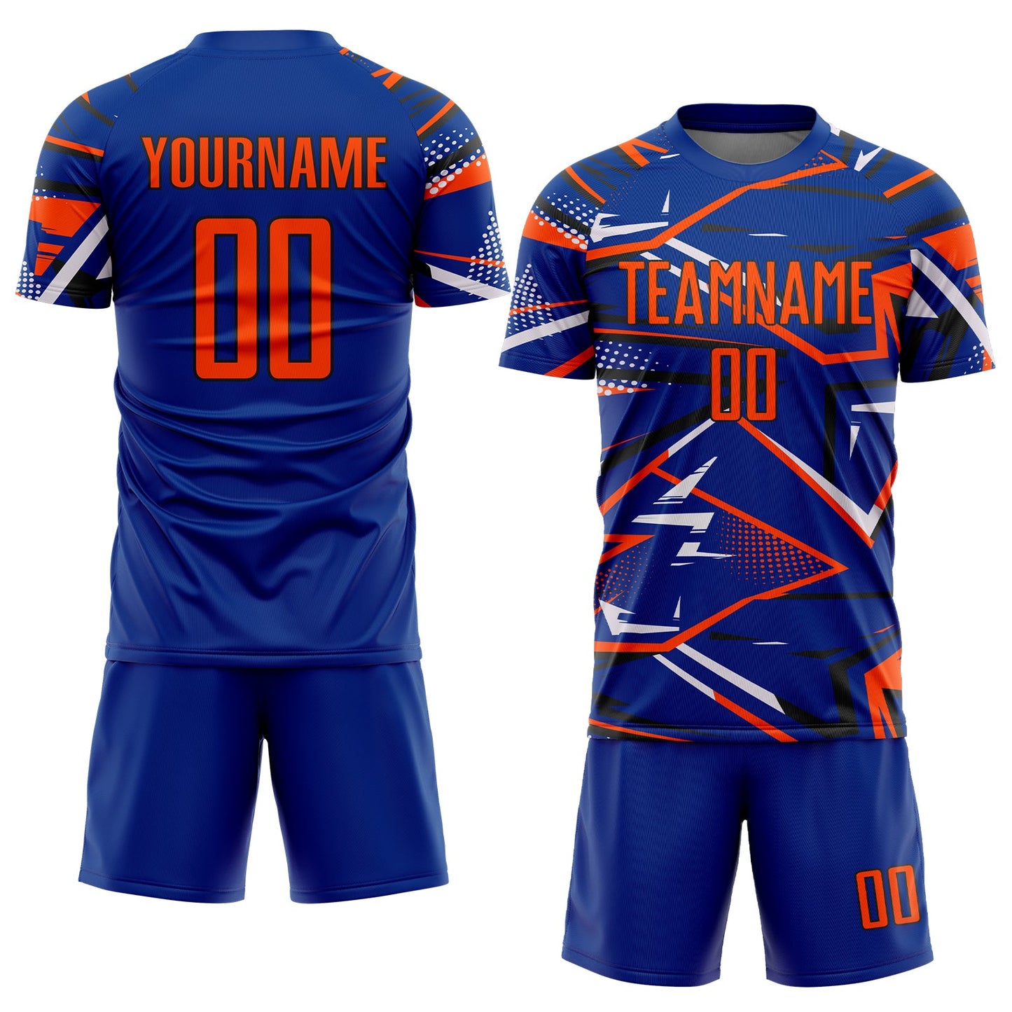 Custom Royal Orange Black-White Abstract Geometric Stripes Sports Sublimation Soccer Uniform Jersey view 2