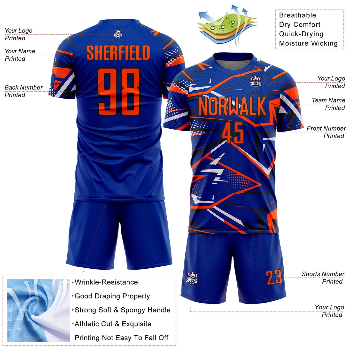 Custom Royal Orange Black-White Abstract Geometric Stripes Sports Sublimation Soccer Uniform Jersey view 4
