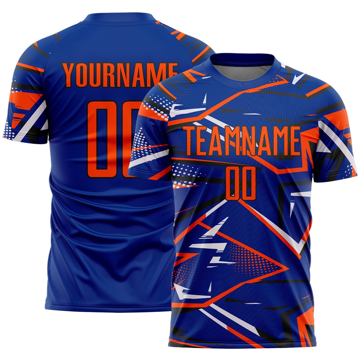 Custom Royal Orange Black-White Abstract Geometric Stripes Sports Sublimation Soccer Uniform Jersey - Main View