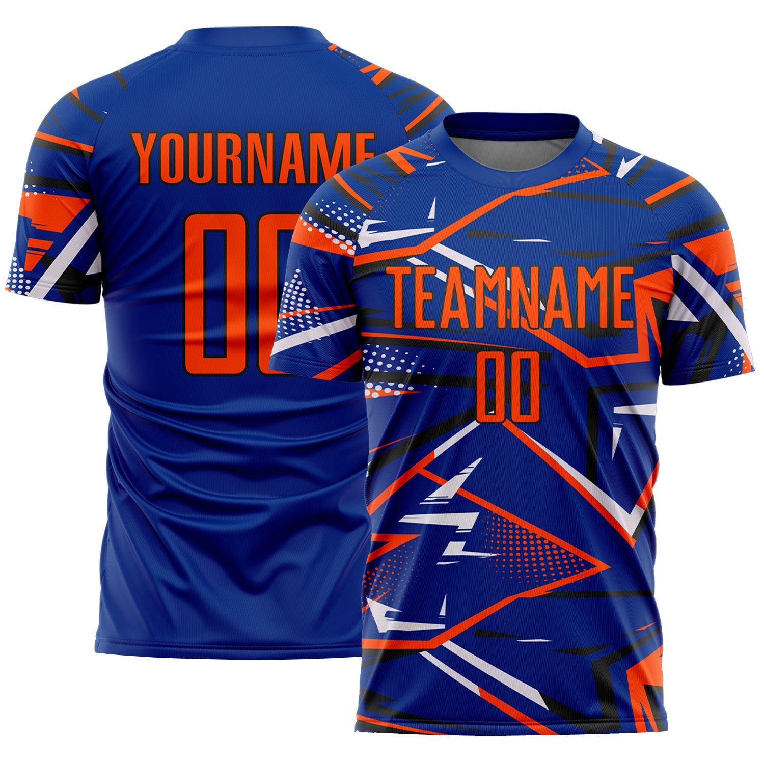 Custom Royal Orange Black-White Abstract Geometric Stripes Sports Sublimation Soccer Uniform Jersey - Main View