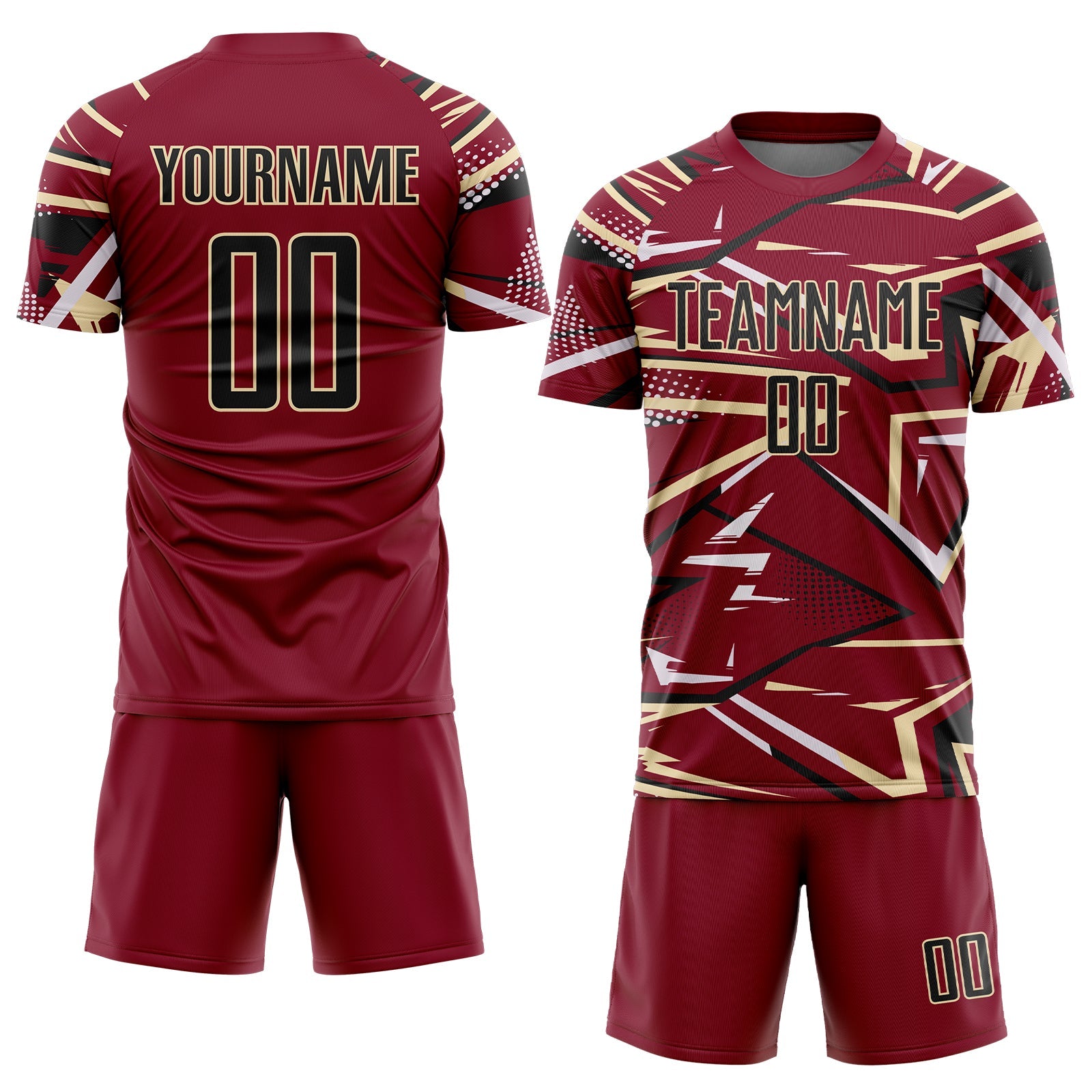 Custom Crimson Black Cream-White Abstract Geometric Stripes Sports Sublimation Soccer Uniform Jersey view 2