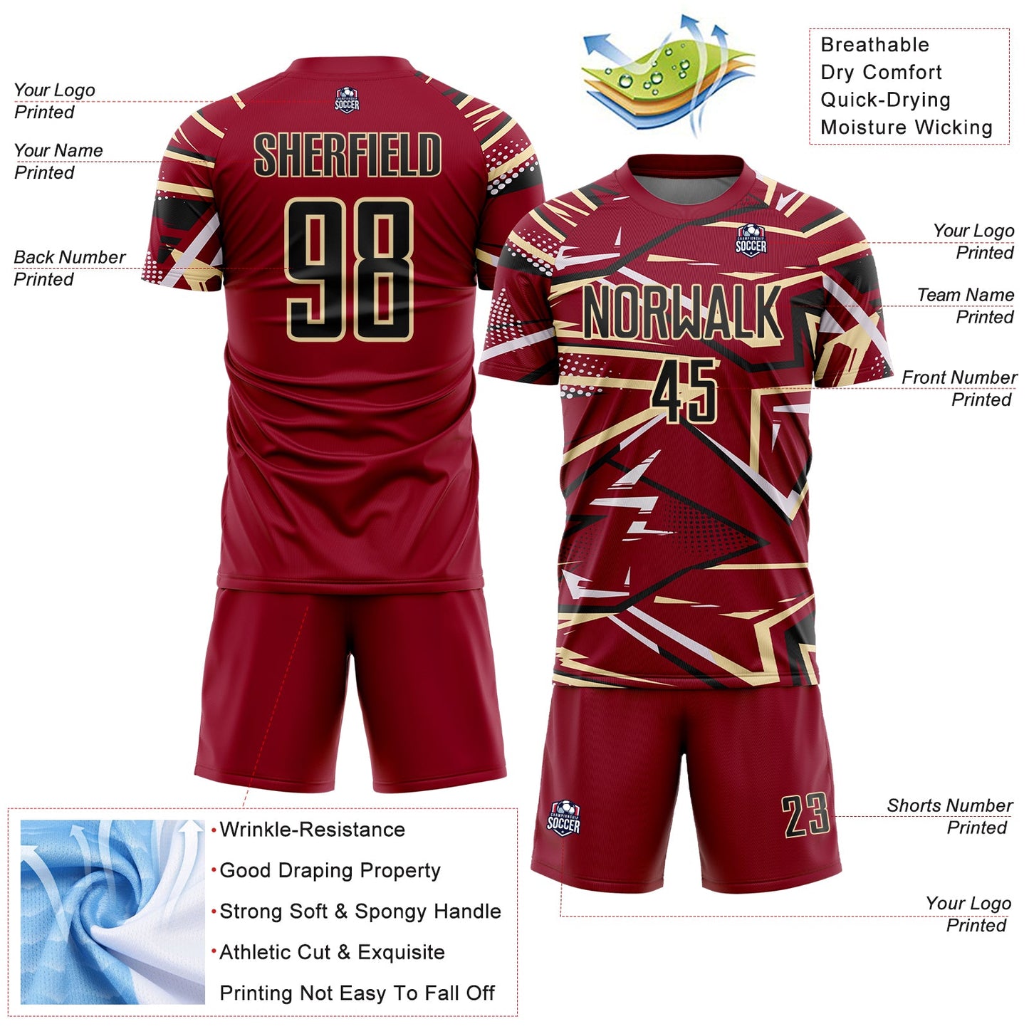 Custom Crimson Black Cream-White Abstract Geometric Stripes Sports Sublimation Soccer Uniform Jersey view 4