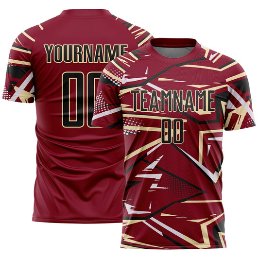 Custom Crimson Black Cream-White Abstract Geometric Stripes Sports Sublimation Soccer Uniform Jersey - Main View