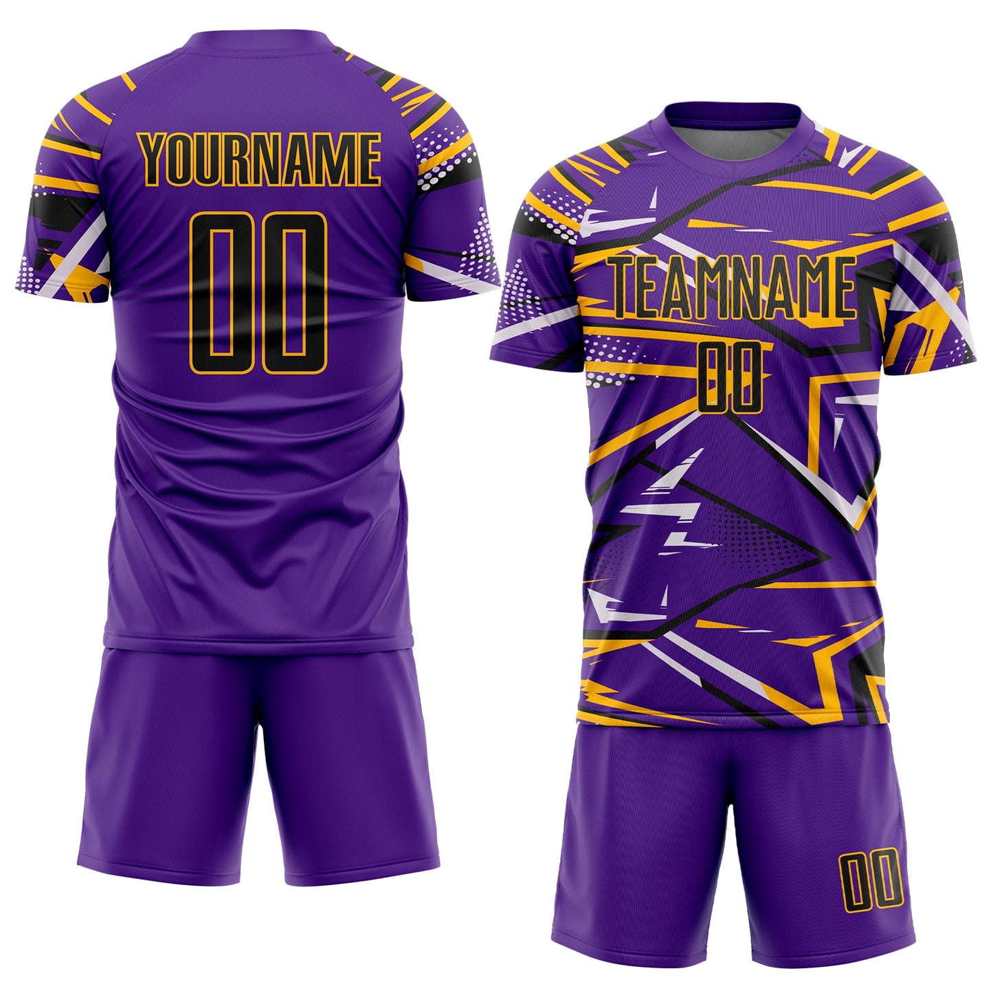 Custom Purple Black Gold-White Abstract Geometric Stripes Sports Sublimation Soccer Uniform Jersey view 2