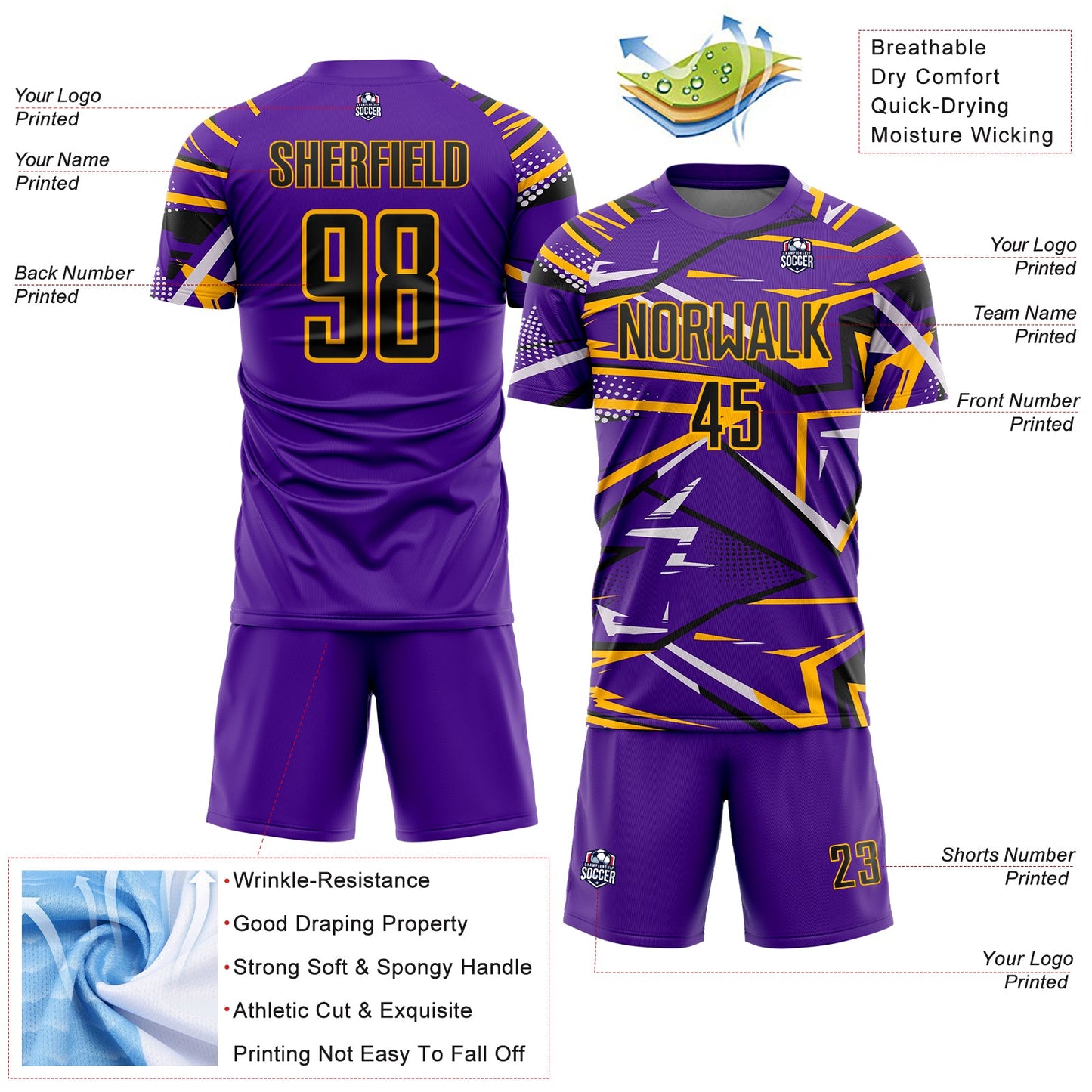 Custom Purple Black Gold-White Abstract Geometric Stripes Sports Sublimation Soccer Uniform Jersey view 4