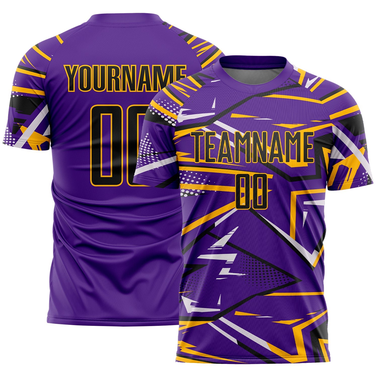 Custom Purple Black Gold-White Abstract Geometric Stripes Sports Sublimation Soccer Uniform Jersey - Main View