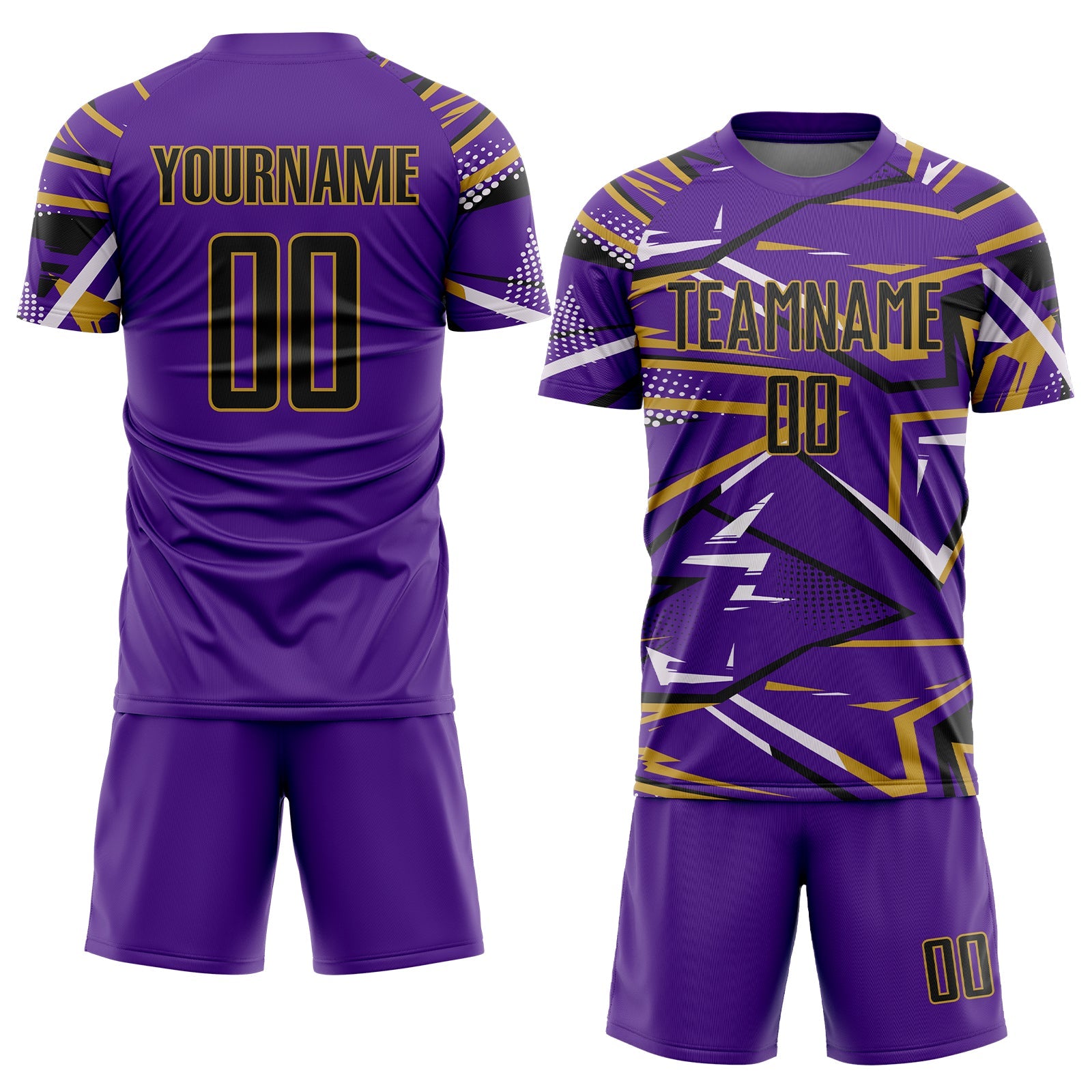 Custom Purple Black Old Gold-White Abstract Geometric Stripes Sports Sublimation Soccer Uniform Jersey view 2