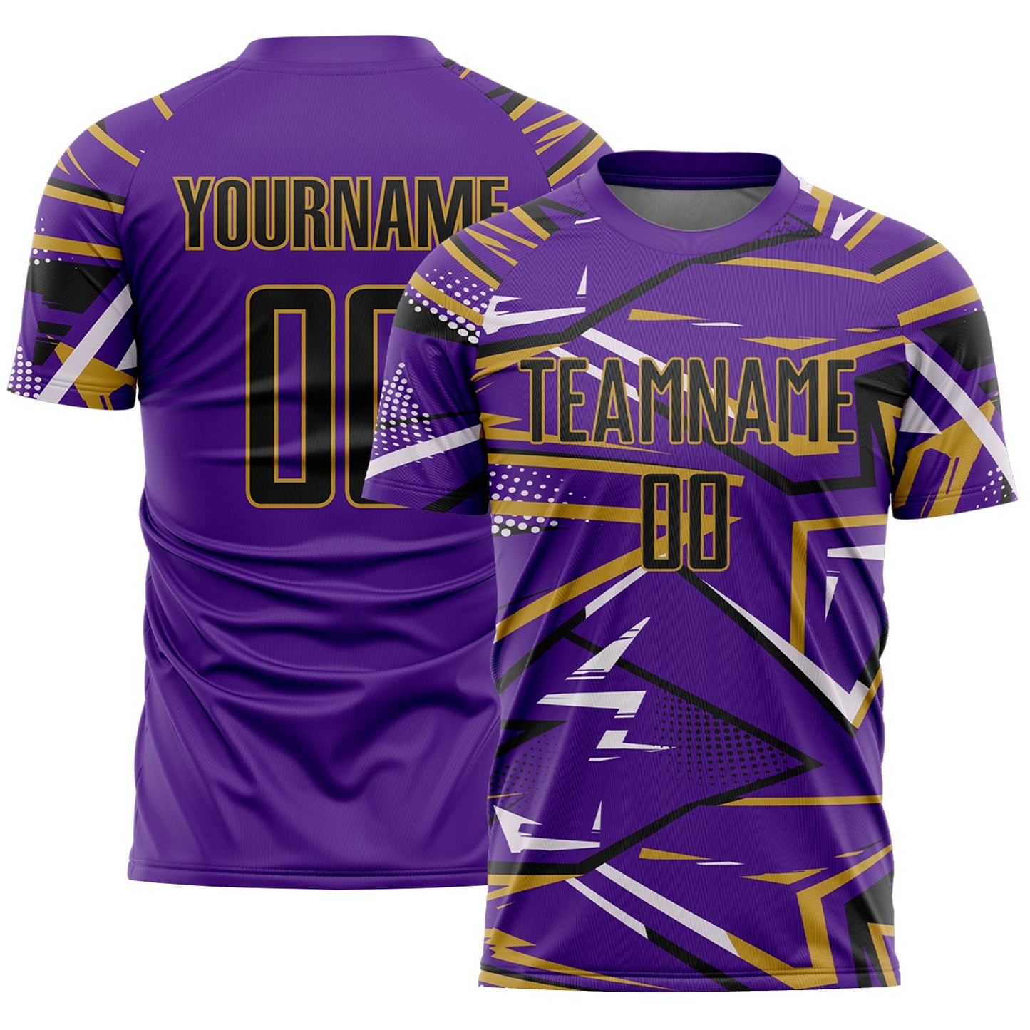 Custom Purple Black Old Gold-White Abstract Geometric Stripes Sports Sublimation Soccer Uniform Jersey - Main View