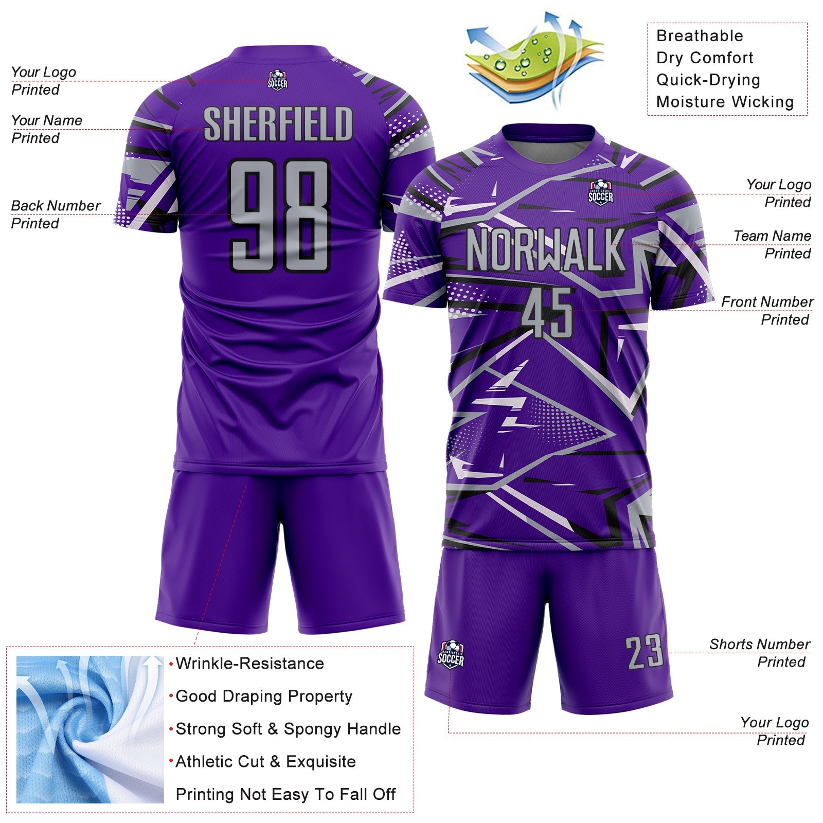 Custom Purple Gray Black-White Abstract Geometric Stripes Sports Sublimation Soccer Uniform Jersey view 4