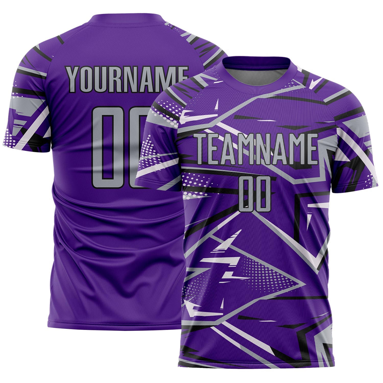 Custom Purple Gray Black-White Abstract Geometric Stripes Sports Sublimation Soccer Uniform Jersey - Main View