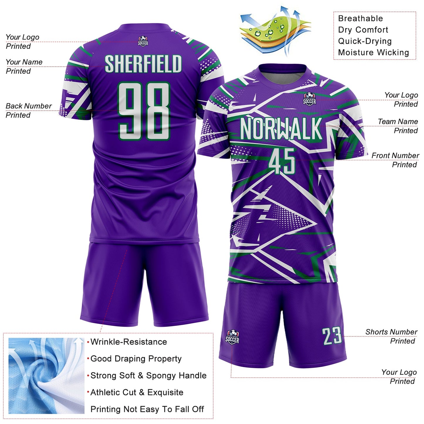 Custom Purple White-Kelly Green Abstract Geometric Stripes Sports Sublimation Soccer Uniform Jersey view 4