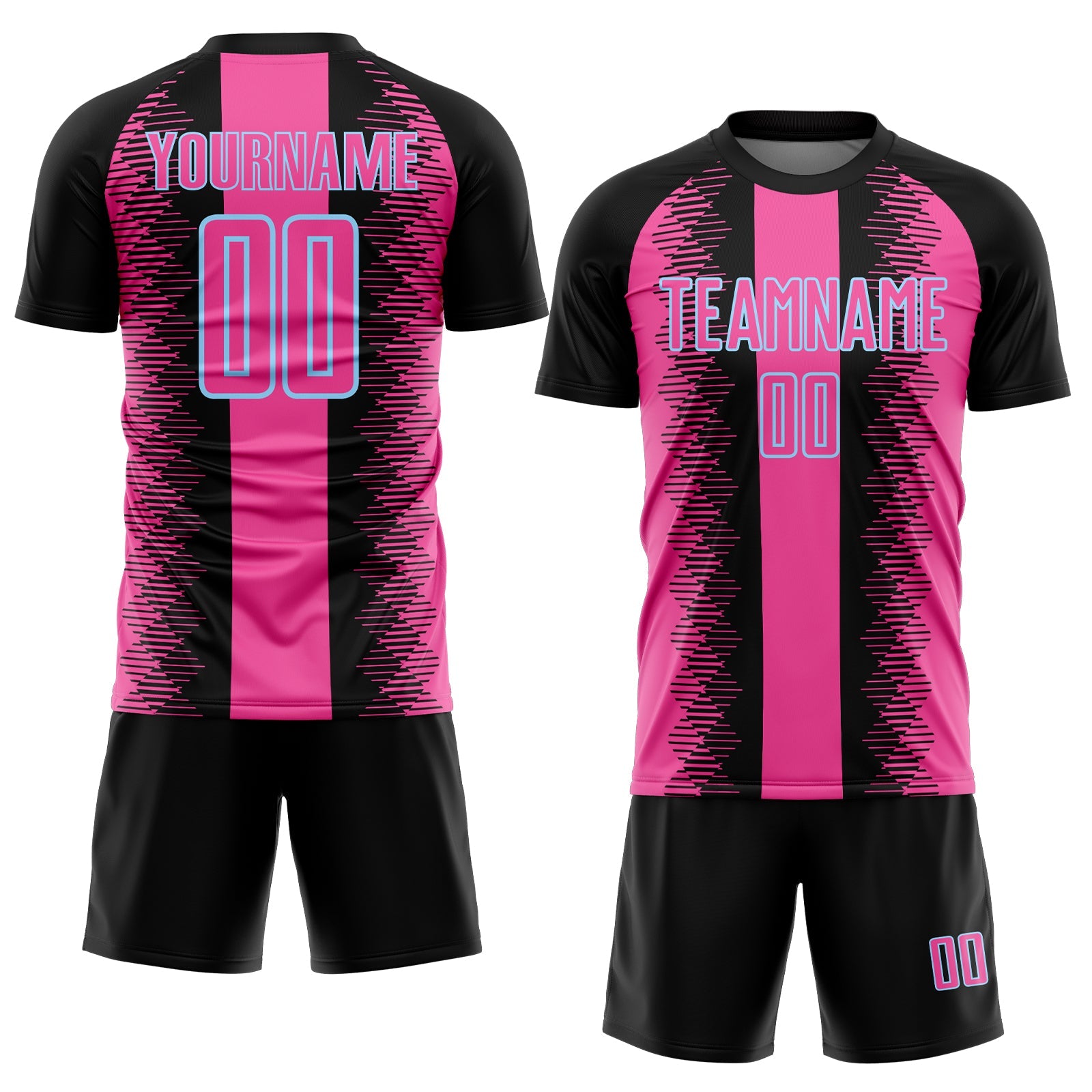 Custom Black Pink-Light Blue Zigzag Diamond Stripe Sports Sublimation Soccer Uniform Jersey view 2