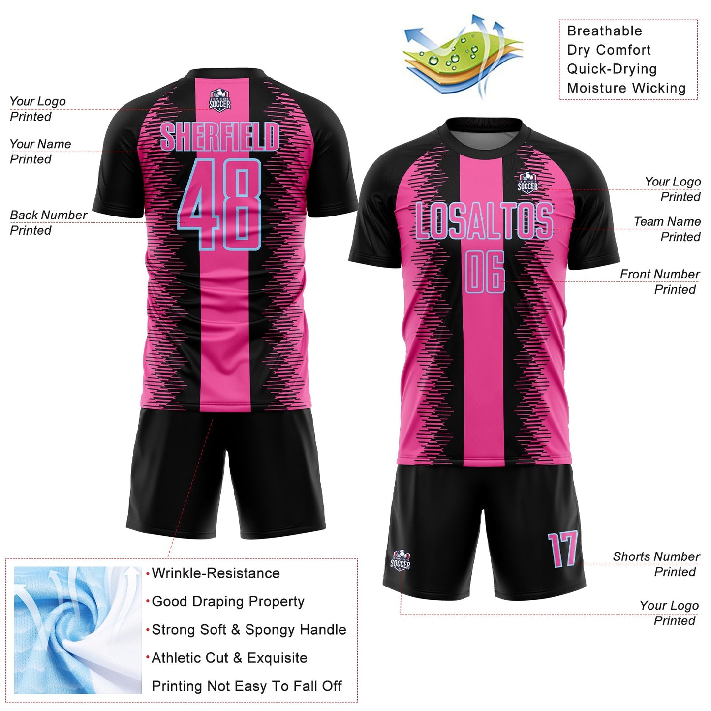 Custom Black Pink-Light Blue Zigzag Diamond Stripe Sports Sublimation Soccer Uniform Jersey view 4
