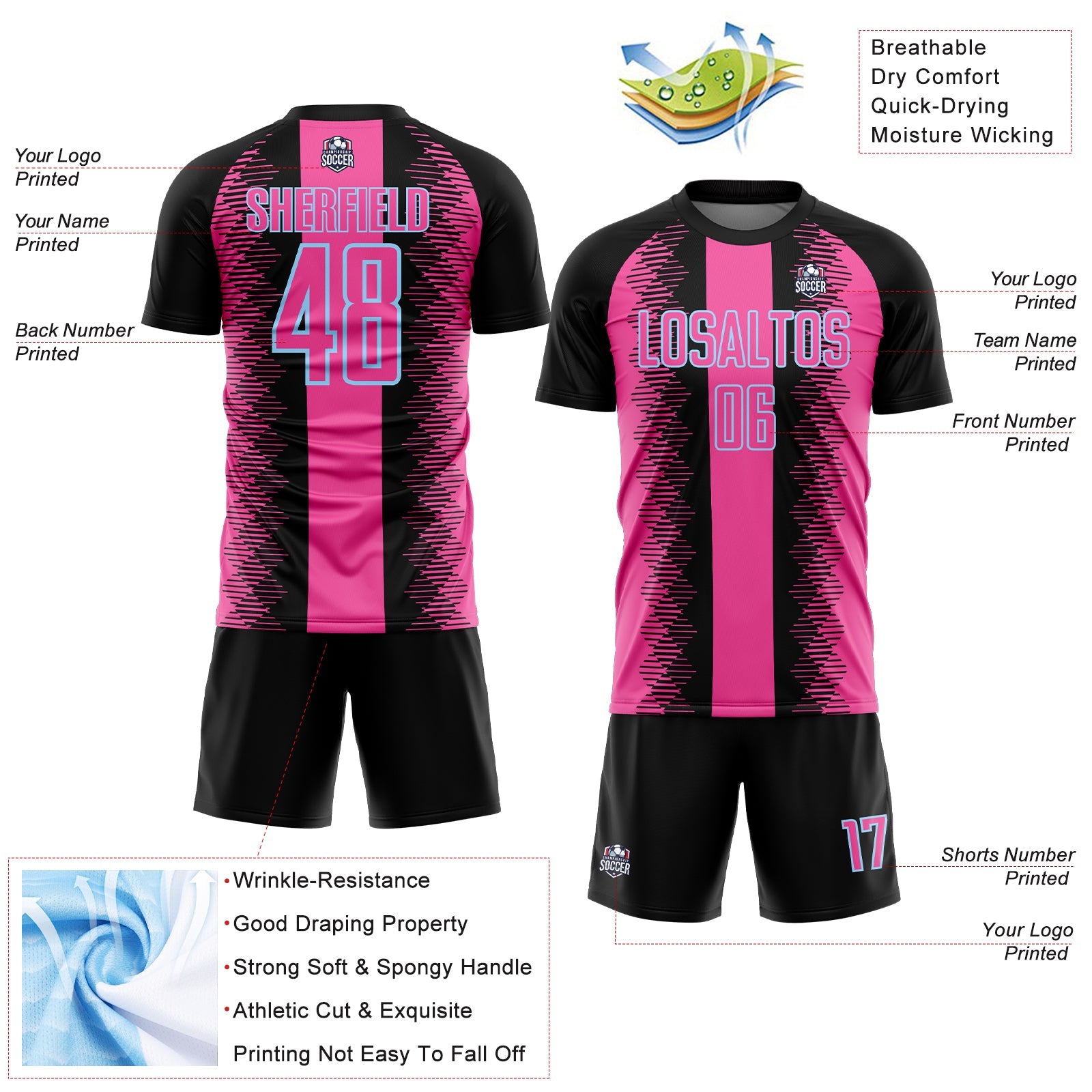 Custom Black Pink-Light Blue Zigzag Diamond Stripe Sports Sublimation Soccer Uniform Jersey view 4