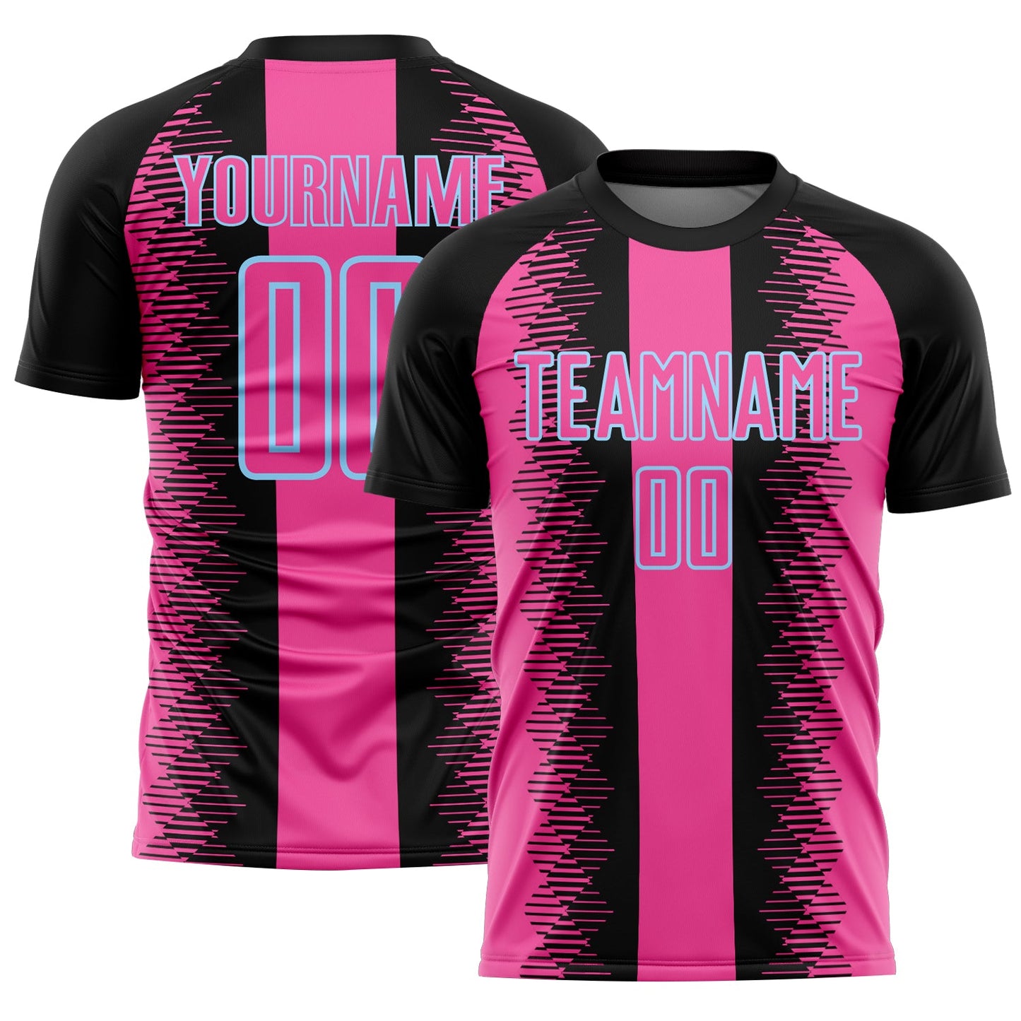 Custom Black Pink-Light Blue Zigzag Diamond Stripe Sports Sublimation Soccer Uniform Jersey - Main View