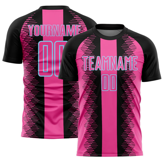 Custom Black Pink-Light Blue Zigzag Diamond Stripe Sports Sublimation Soccer Uniform Jersey - Main View