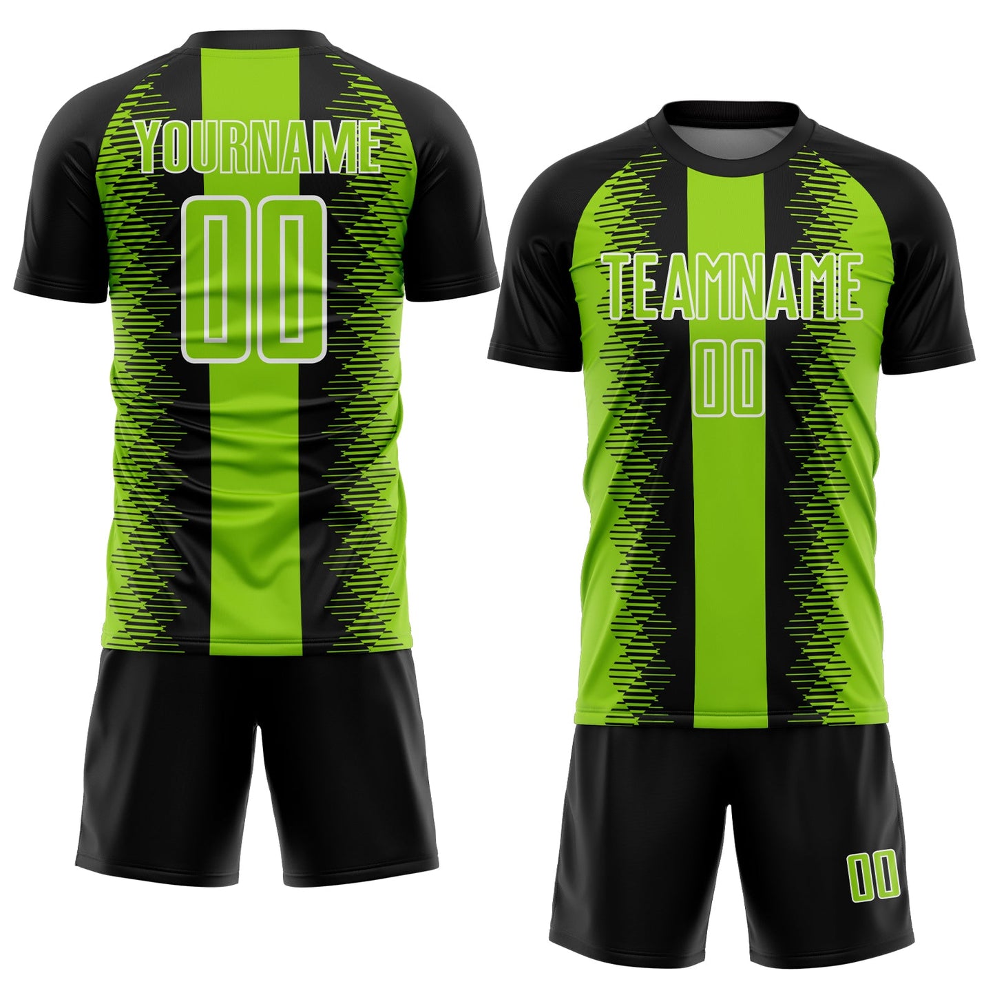 Custom Black Neon Green-White Zigzag Diamond Stripe Sports Sublimation Soccer Uniform Jersey view 2