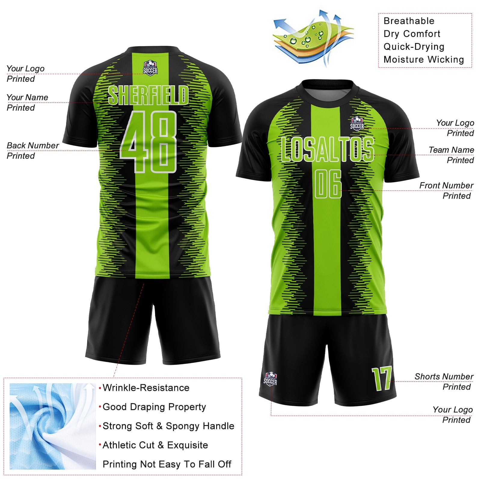 Custom Black Neon Green-White Zigzag Diamond Stripe Sports Sublimation Soccer Uniform Jersey view 4