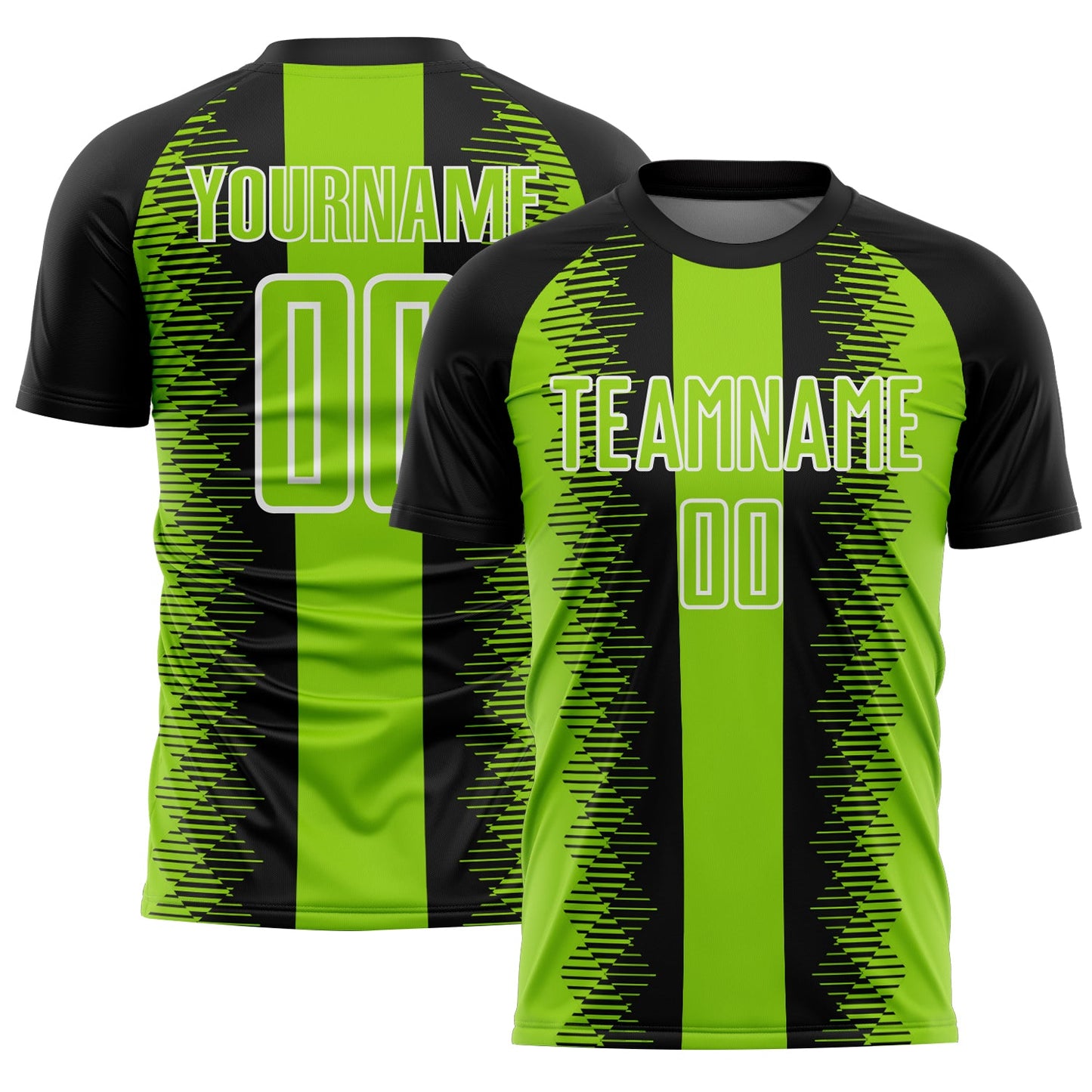 Custom Black Neon Green-White Zigzag Diamond Stripe Sports Sublimation Soccer Uniform Jersey - Main View