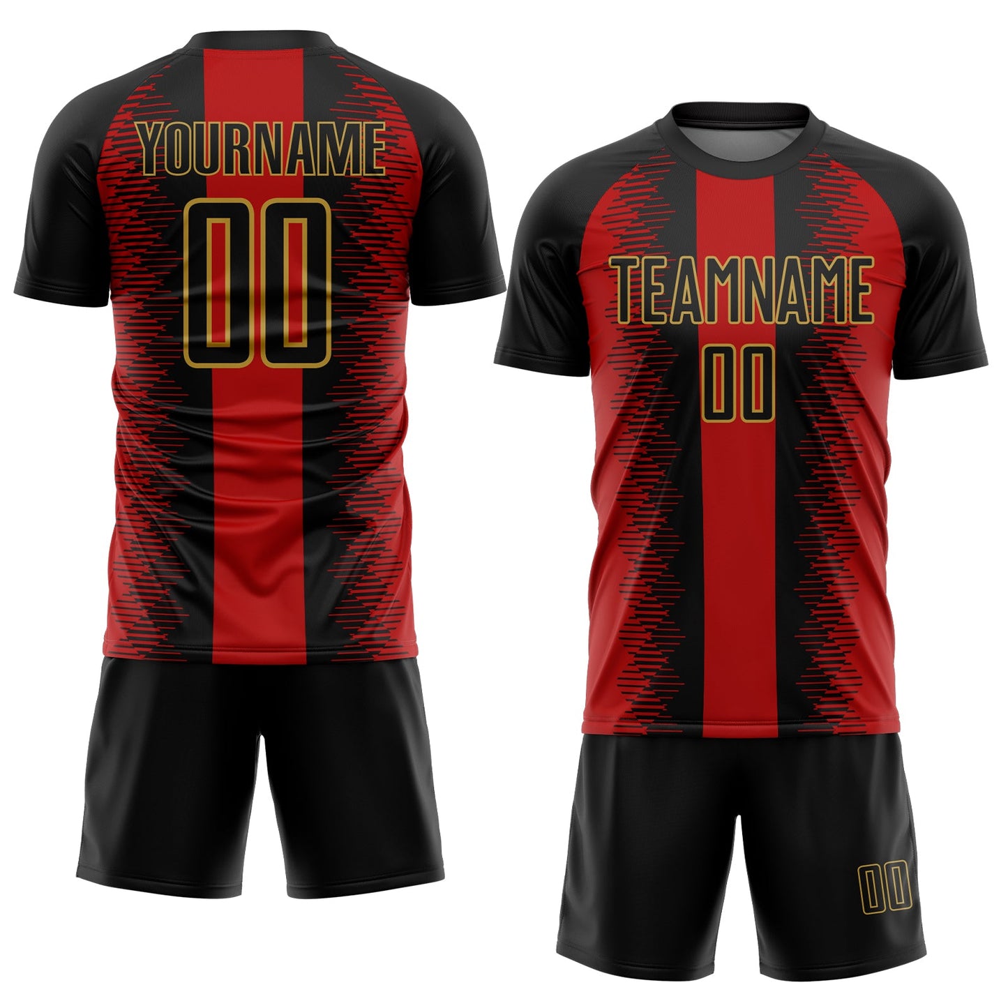 Custom Black Red-Old Gold Zigzag Diamond Stripe Sports Sublimation Soccer Uniform Jersey view 2