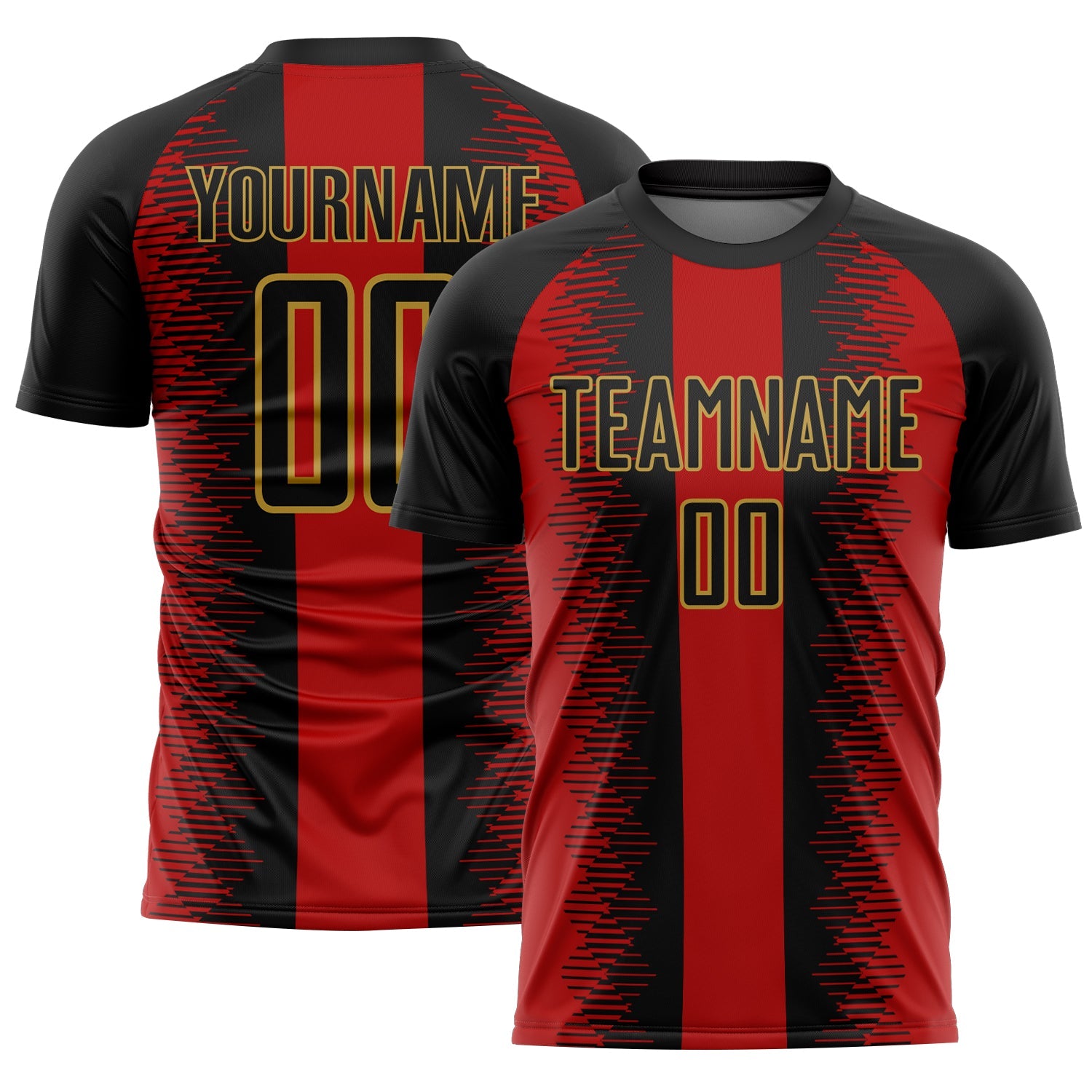 Custom Black Red-Old Gold Zigzag Diamond Stripe Sports Sublimation Soccer Uniform Jersey - Main View