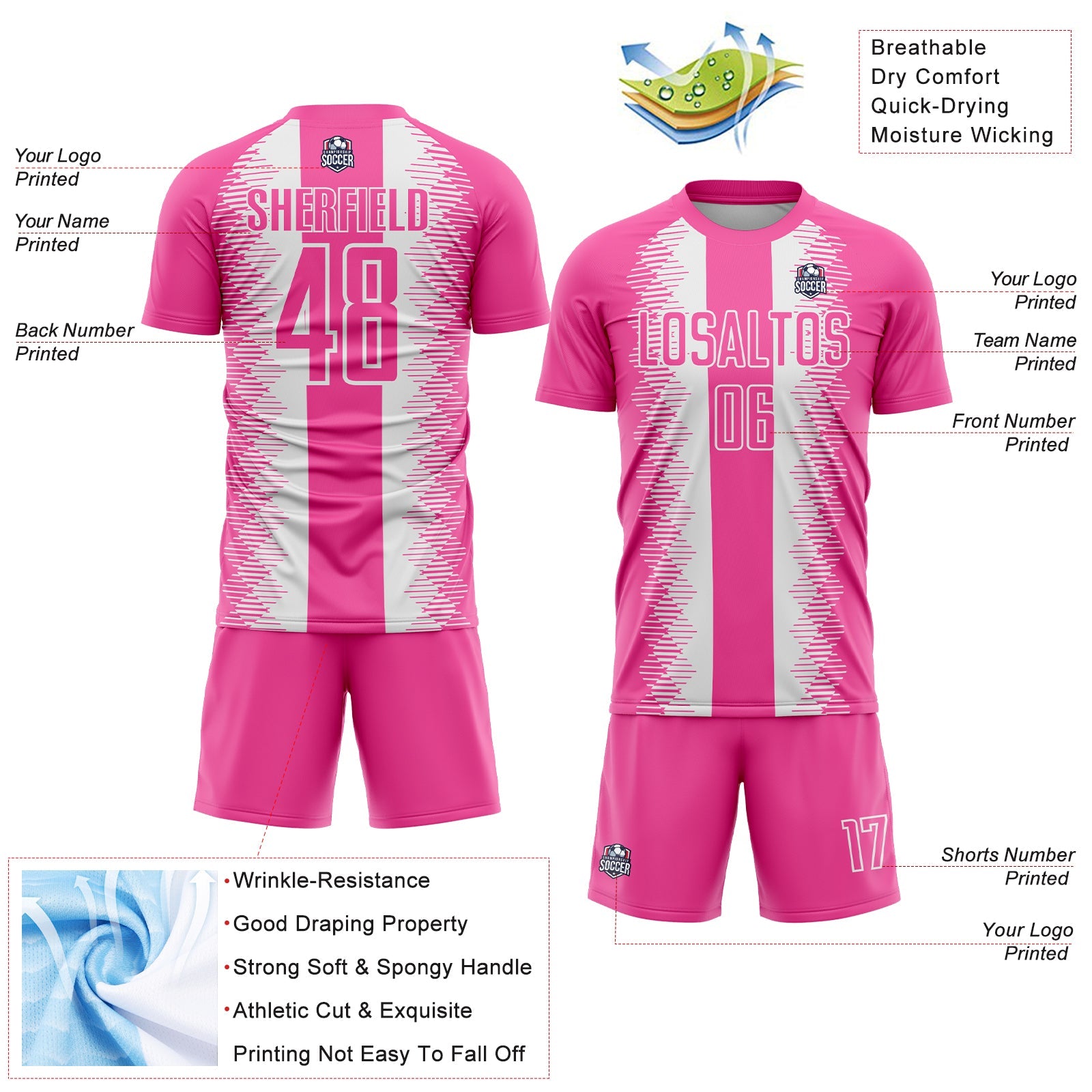 Custom Pink White Zigzag Diamond Stripe Sports Sublimation Soccer Uniform Jersey view 4