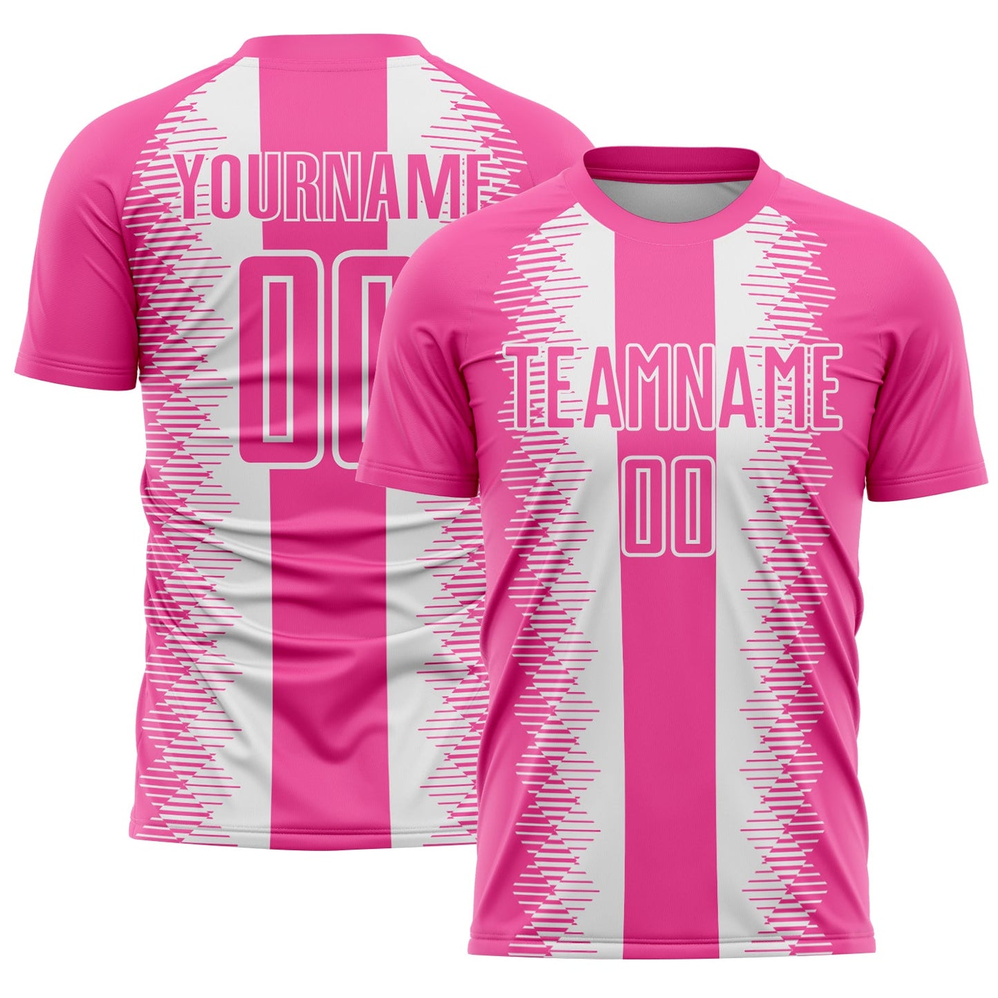 Custom Pink White Zigzag Diamond Stripe Sports Sublimation Soccer Uniform Jersey - Main View