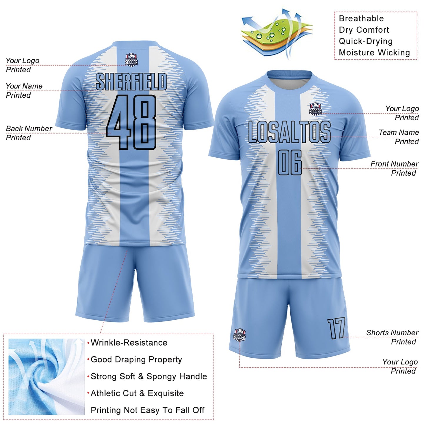 Custom Light Blue Black-White Zigzag Diamond Stripe Sports Sublimation Soccer Uniform Jersey view 4