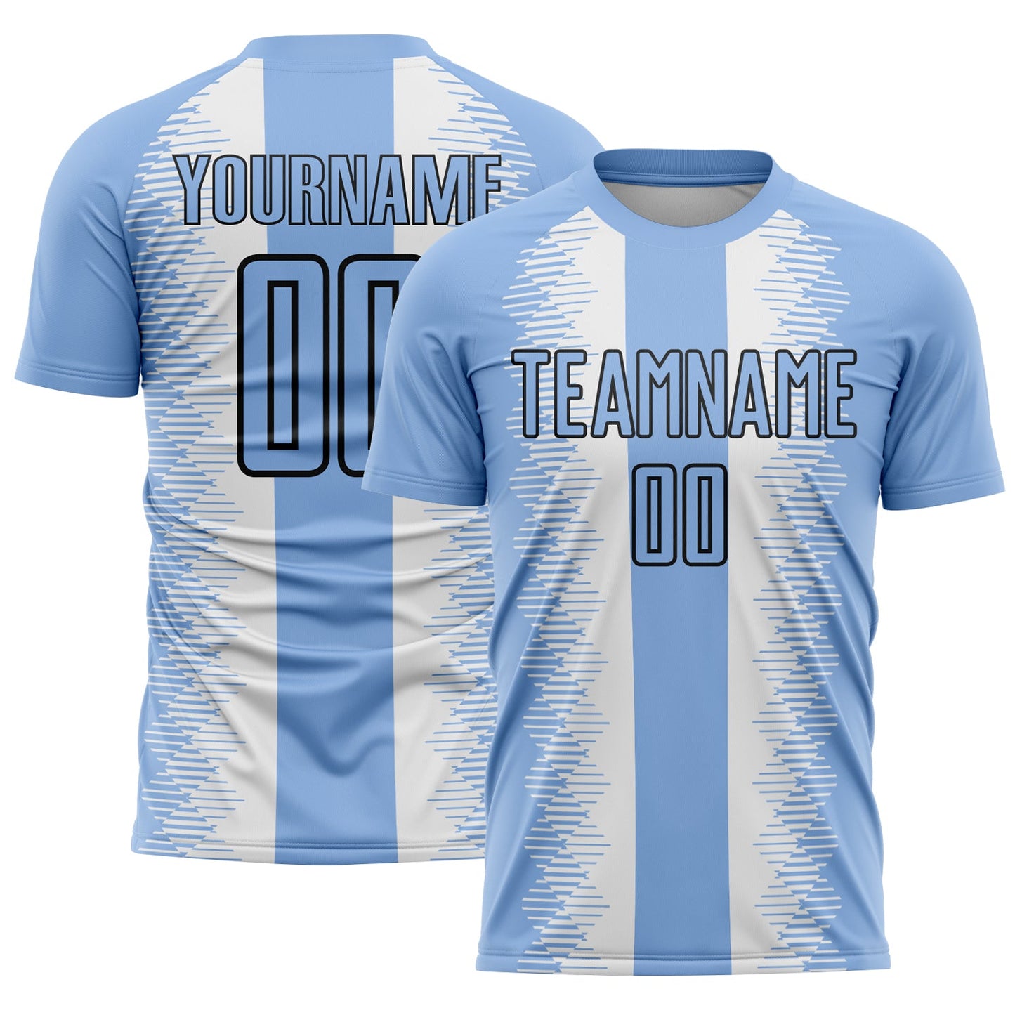Custom Light Blue Black-White Zigzag Diamond Stripe Sports Sublimation Soccer Uniform Jersey - Main View