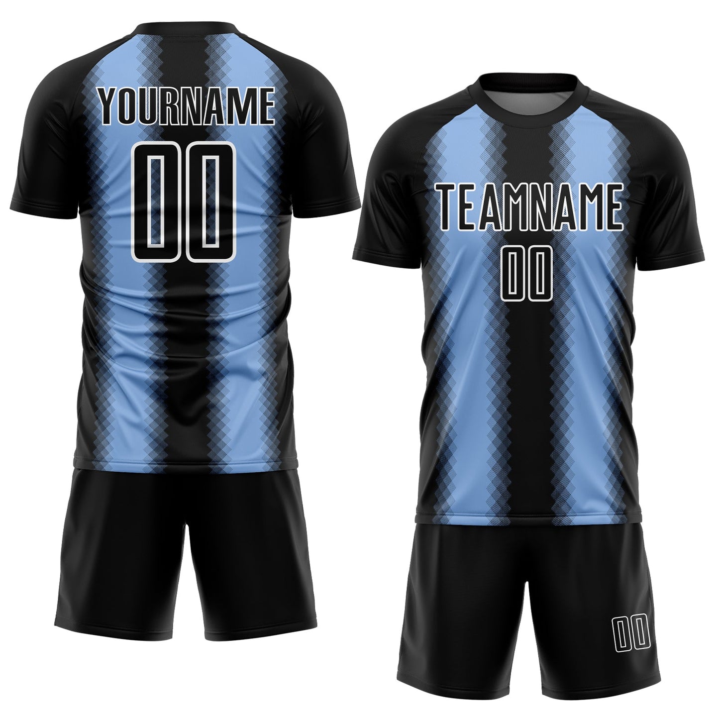 Custom Black Light Blue-White Zigzag Diamond Stripe Sports Sublimation Soccer Uniform Jersey view 2