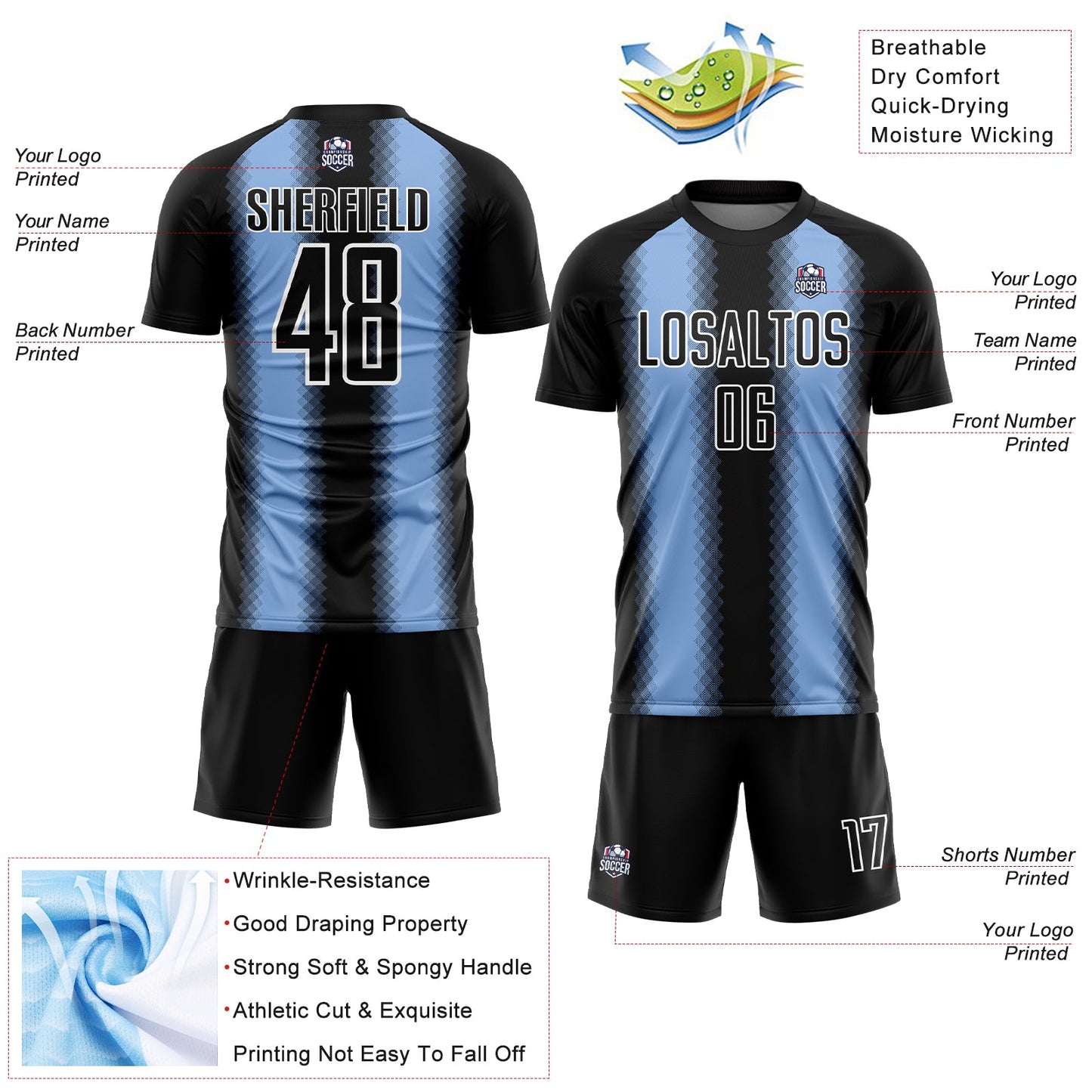 Custom Black Light Blue-White Zigzag Diamond Stripe Sports Sublimation Soccer Uniform Jersey view 4