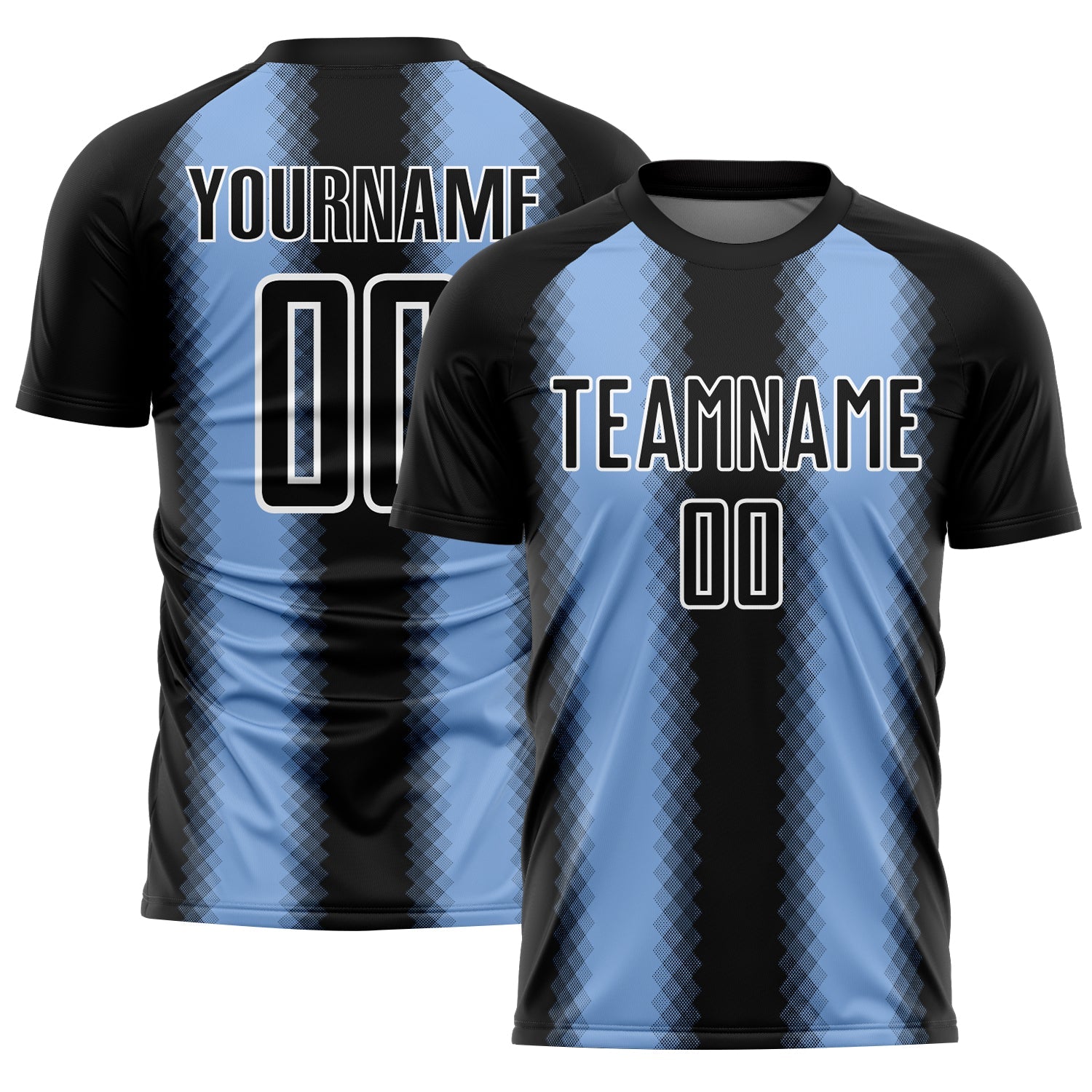 Custom Black Light Blue-White Zigzag Diamond Stripe Sports Sublimation Soccer Uniform Jersey - Main View